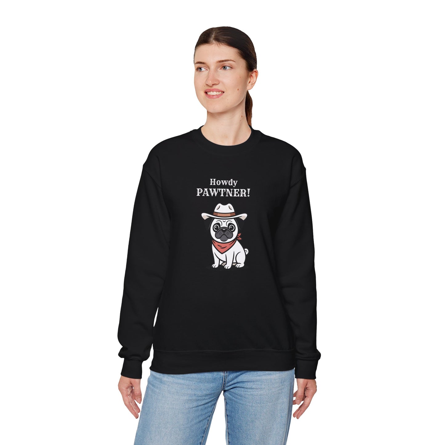 Howdy Pawtner Pug Sweatshirt – Cute Cowboy Dog Crewneck, Funny Gift for Dog Lovers - 14778