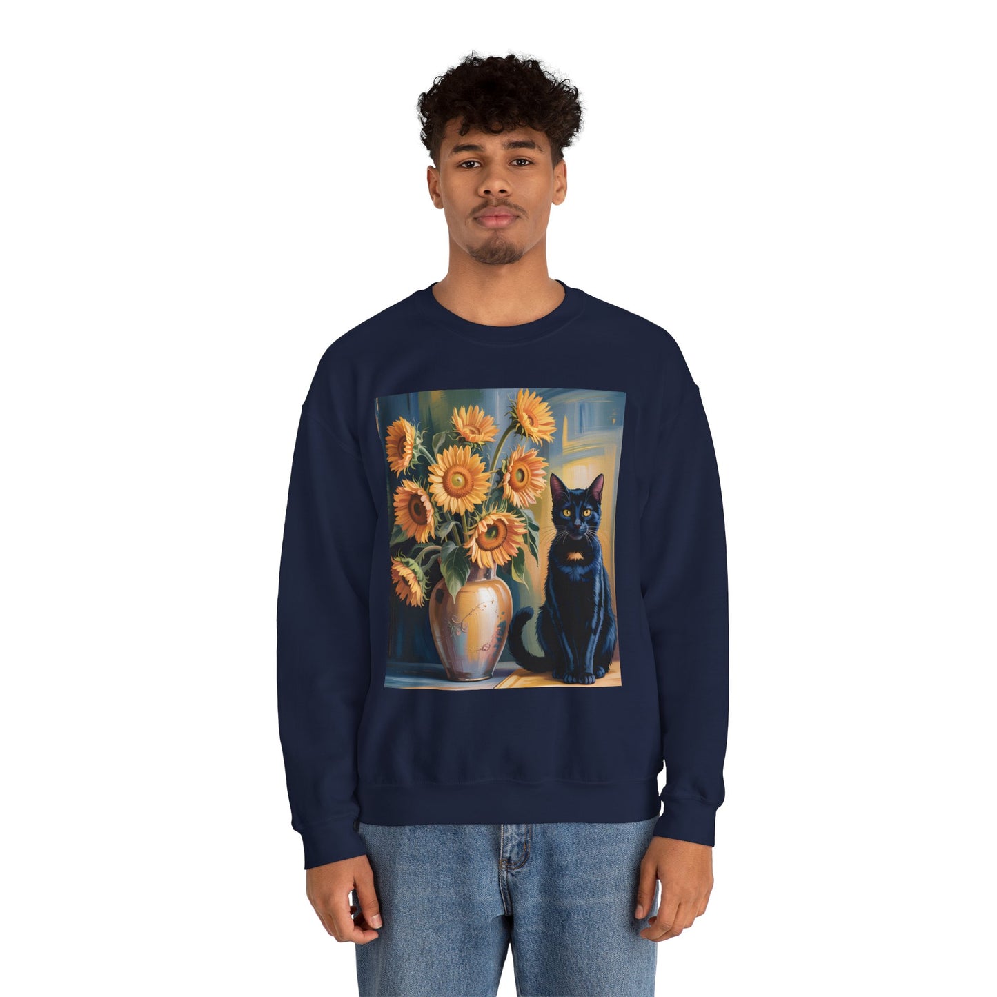 Van Gogh Style Black Cat & Sunflowers Sweatshirt – Art Lover Cozy Crewneck - 14766