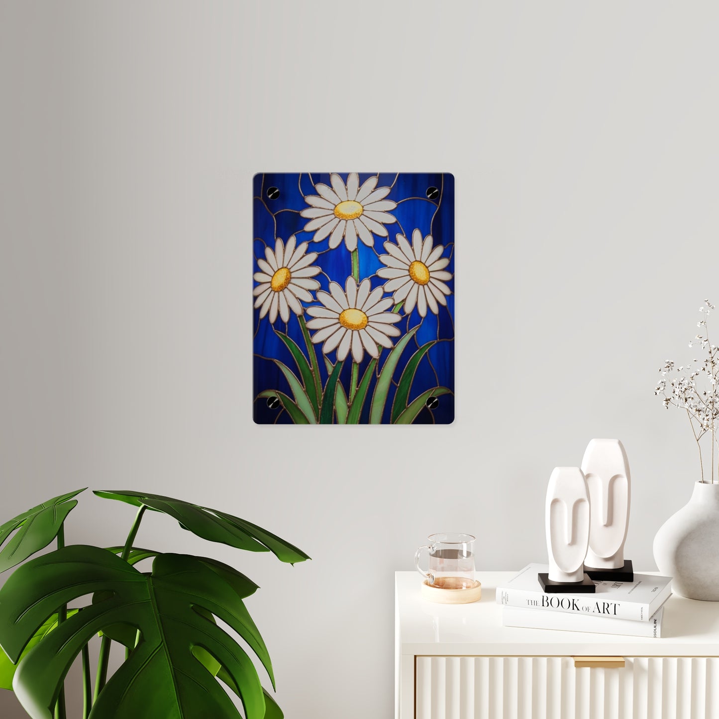 Daisy Stained-Glass Acrylic Wall Art Panel — White Daisies on Deep Blue Background - 14602