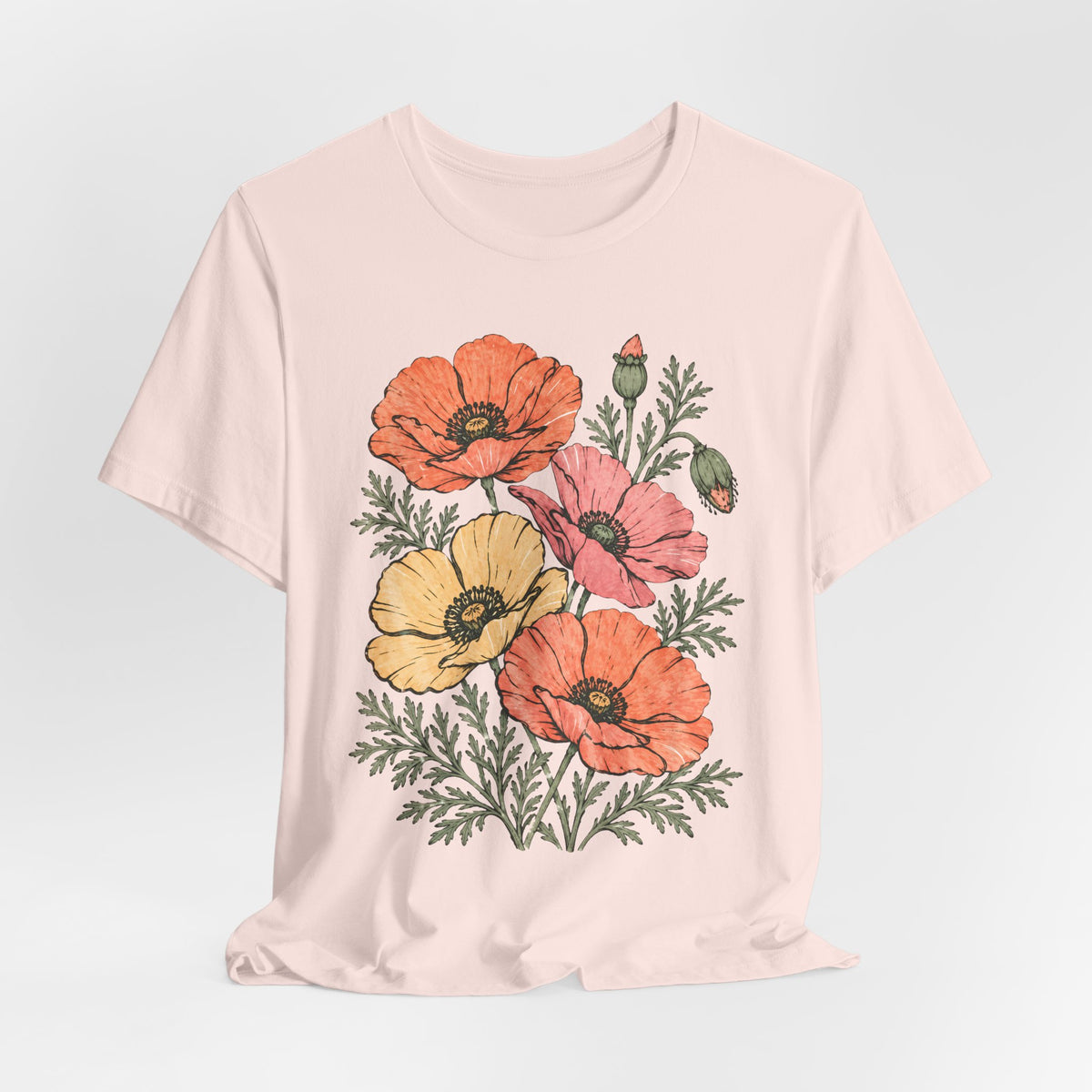 Floral Poppies T-Shirt, Vintage Wildflower Graphic Tee - 14988