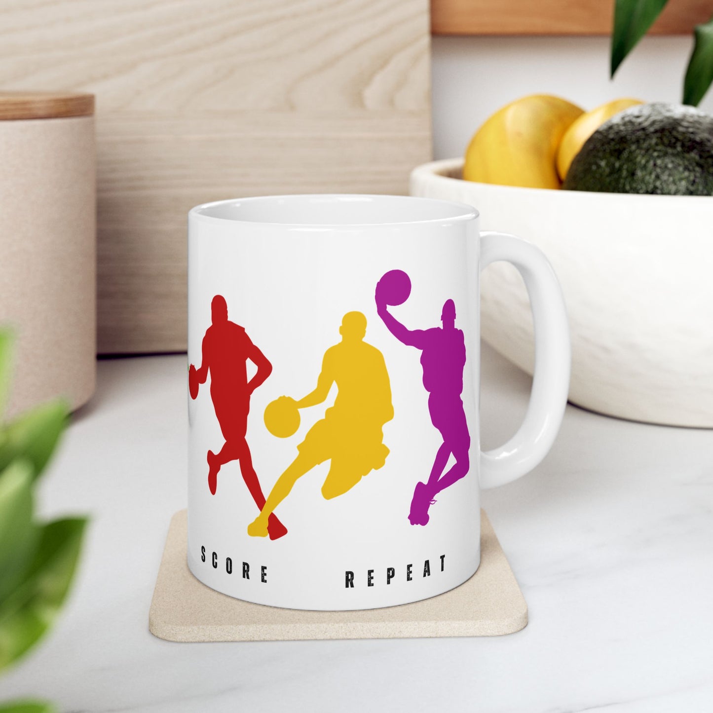 Dribble, Shoot, Score & Repeat, Basketball - Ceramic Mug, (11oz, 15oz) - 10301