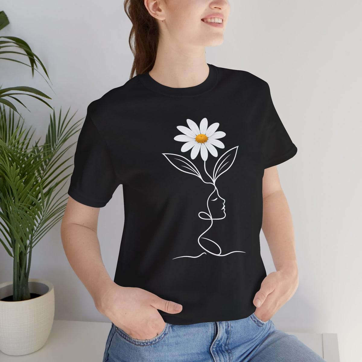 Daisy Woman Face T-Shirt, Minimalist Floral Line Art Tee - 14522
