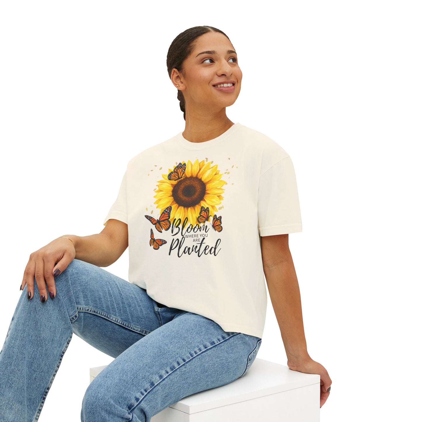 Bloom Where You’re Planted Sunflower T-Shirt, Floral Butterfly Graphic Tee - 14922