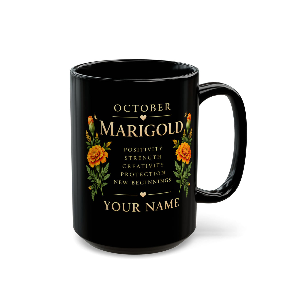 Personalized October Marigold Black Mug, Custom Name Birth Flower Coffee Cup - 14977