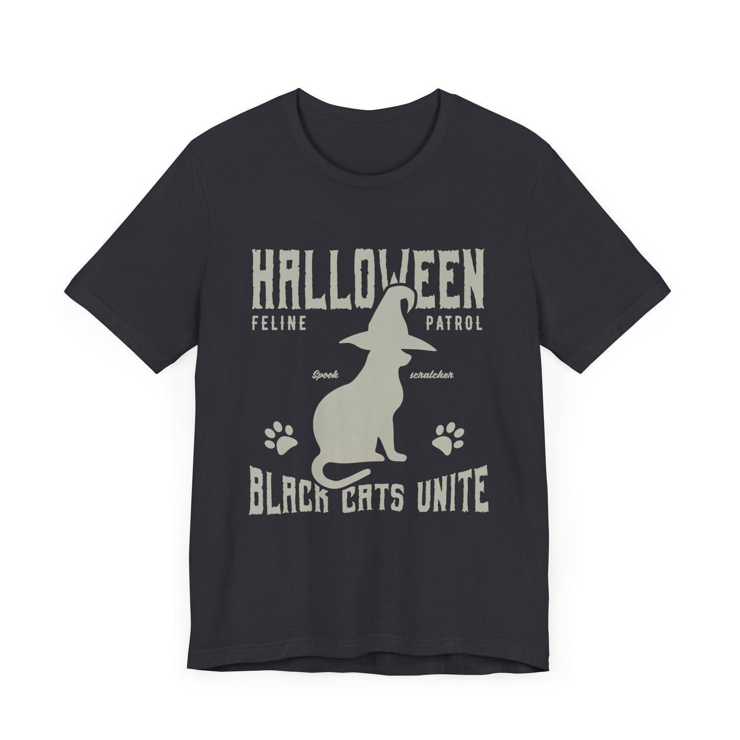 Halloween Feline Patrol, Spook Scratcher, Black Cats Unite  - Unisex Jersey Short Sleeve Tee