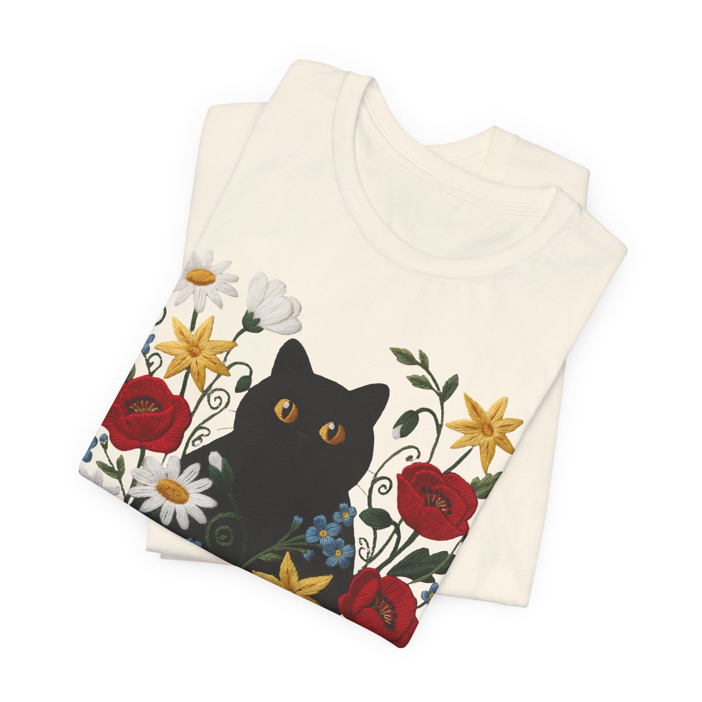 Black Cat in Wildflowers T-Shirt — Floral Cat Tee for Cat Lovers - 14921