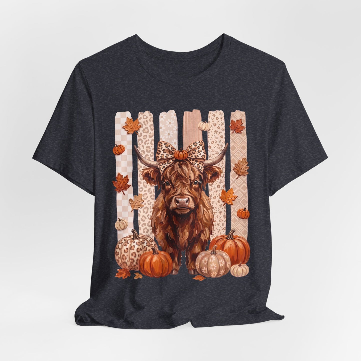 Highland Cow Autumn T-Shirt — Pumpkin & Leaves Fall Graphic Tee - 14942