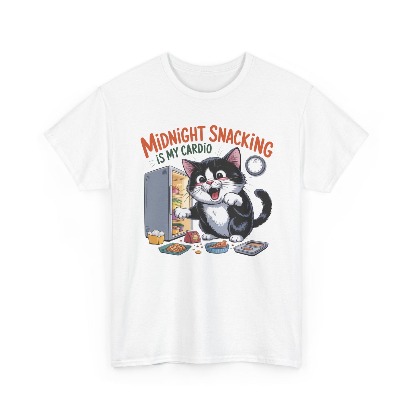 Midnight Snacking Is My Cardio T-Shirt — Funny Cat Graphic Tee, Cute Food Lover Gift - 14865