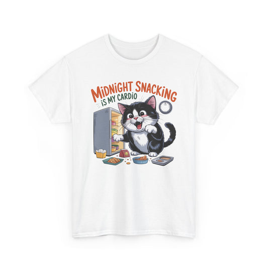 Midnight Snacking Is My Cardio T-Shirt — Funny Cat Graphic Tee, Cute Food Lover Gift - 14865
