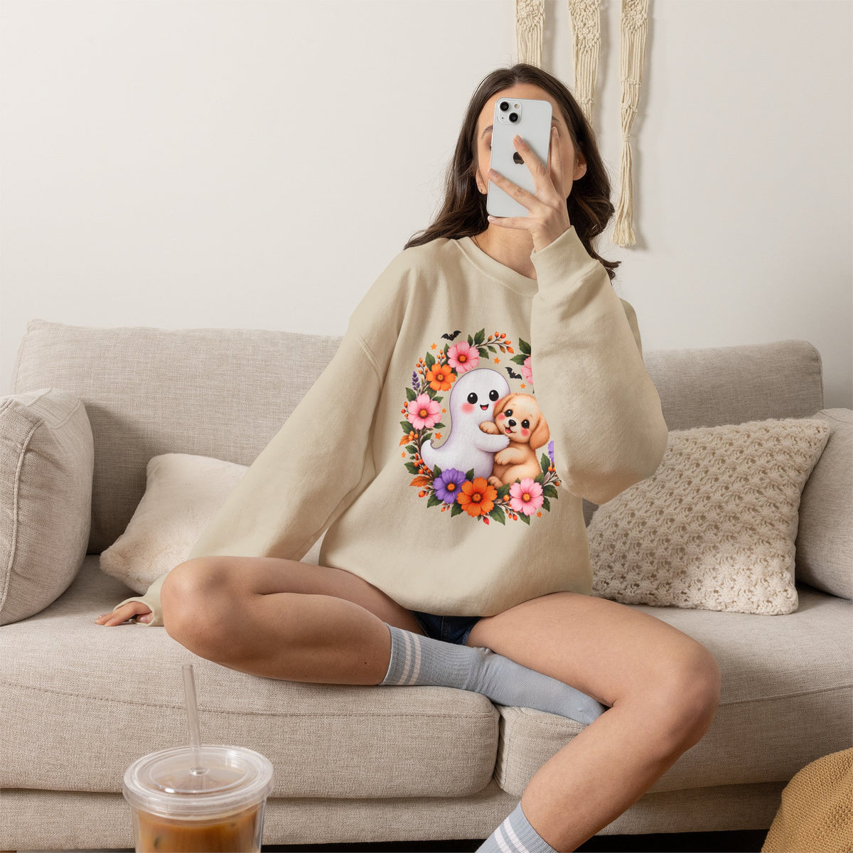 Cute Ghost & Puppy Halloween Sweatshirt,  Floral Crewneck - 14515