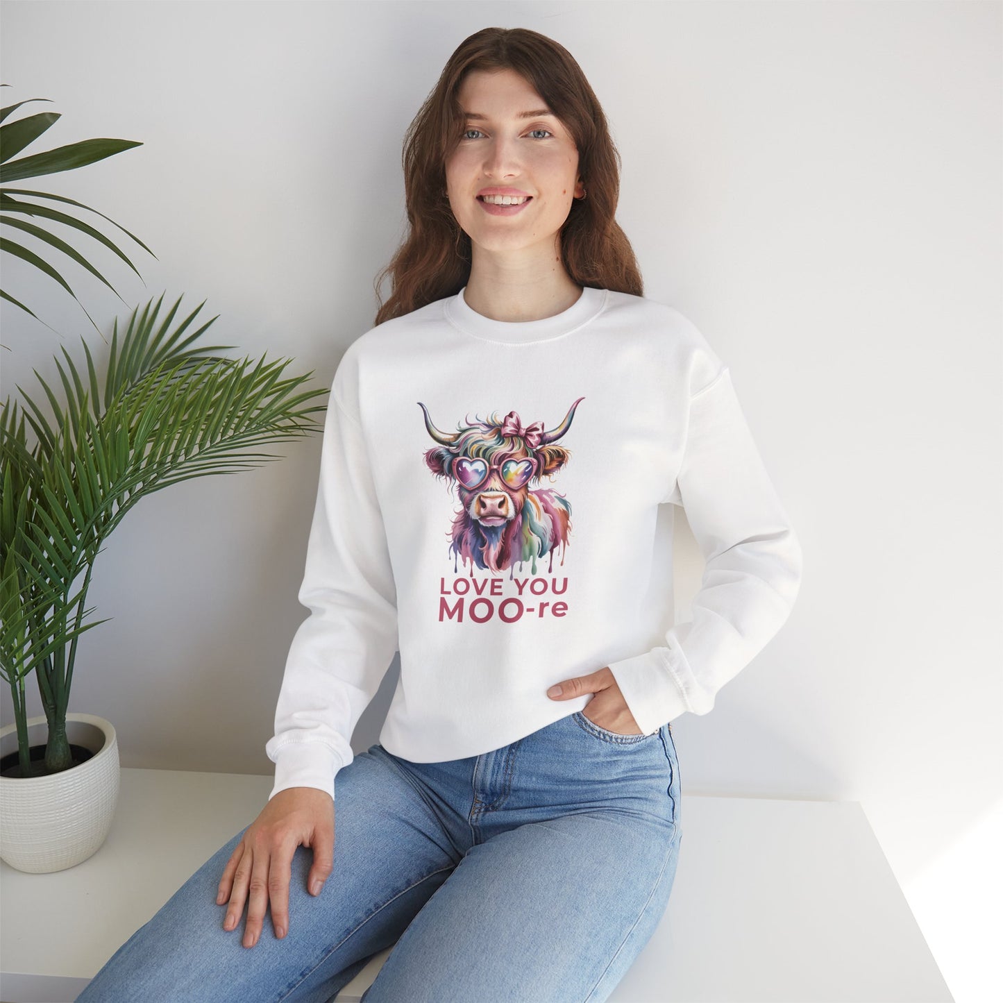 Love You Moo-re Highland Cow Sweatshirt – Cute Valentine’s Day Crewneck Pullover, Funny Romantic Gift for Her or Him - 14786