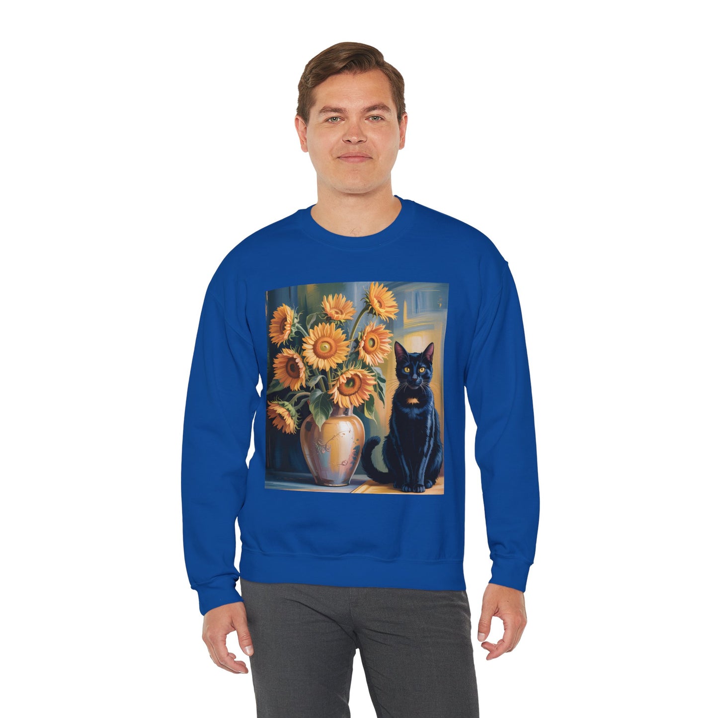 Van Gogh Style Black Cat & Sunflowers Sweatshirt – Art Lover Cozy Crewneck - 14766