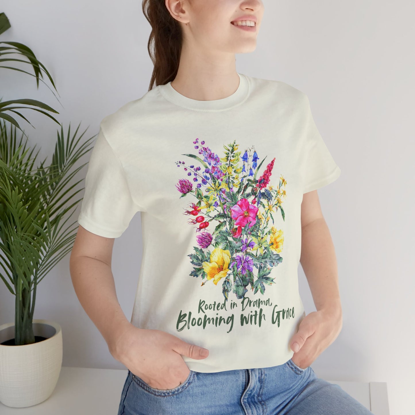 Blooming With Grace Floral T-Shirt, “Rooted in Drama” Watercolor Botanical Tee - 14965
