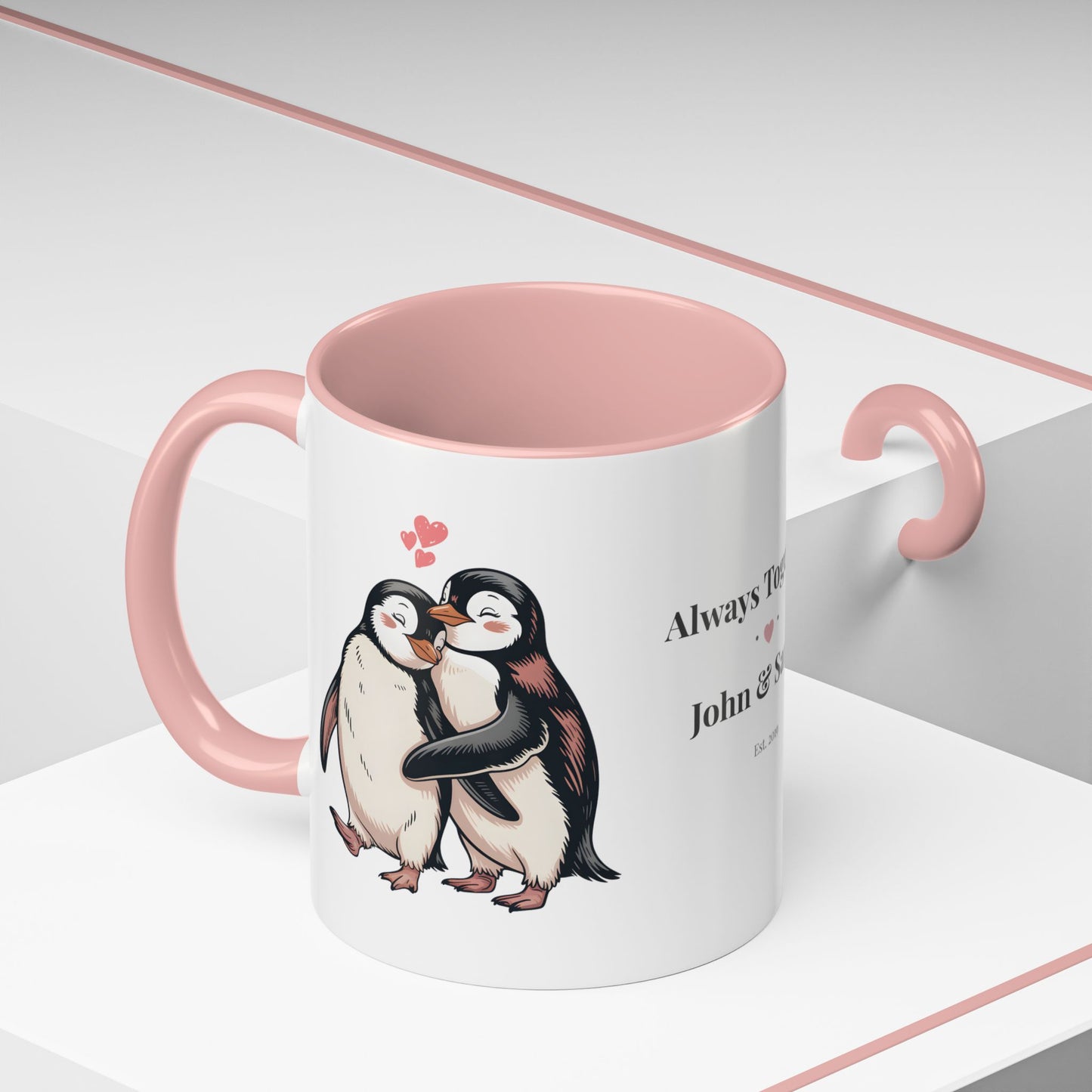 Always Together Personalized Coffee Mug — Penguin Couple with Custom Names & Established Date (11/15 oz) - 14744