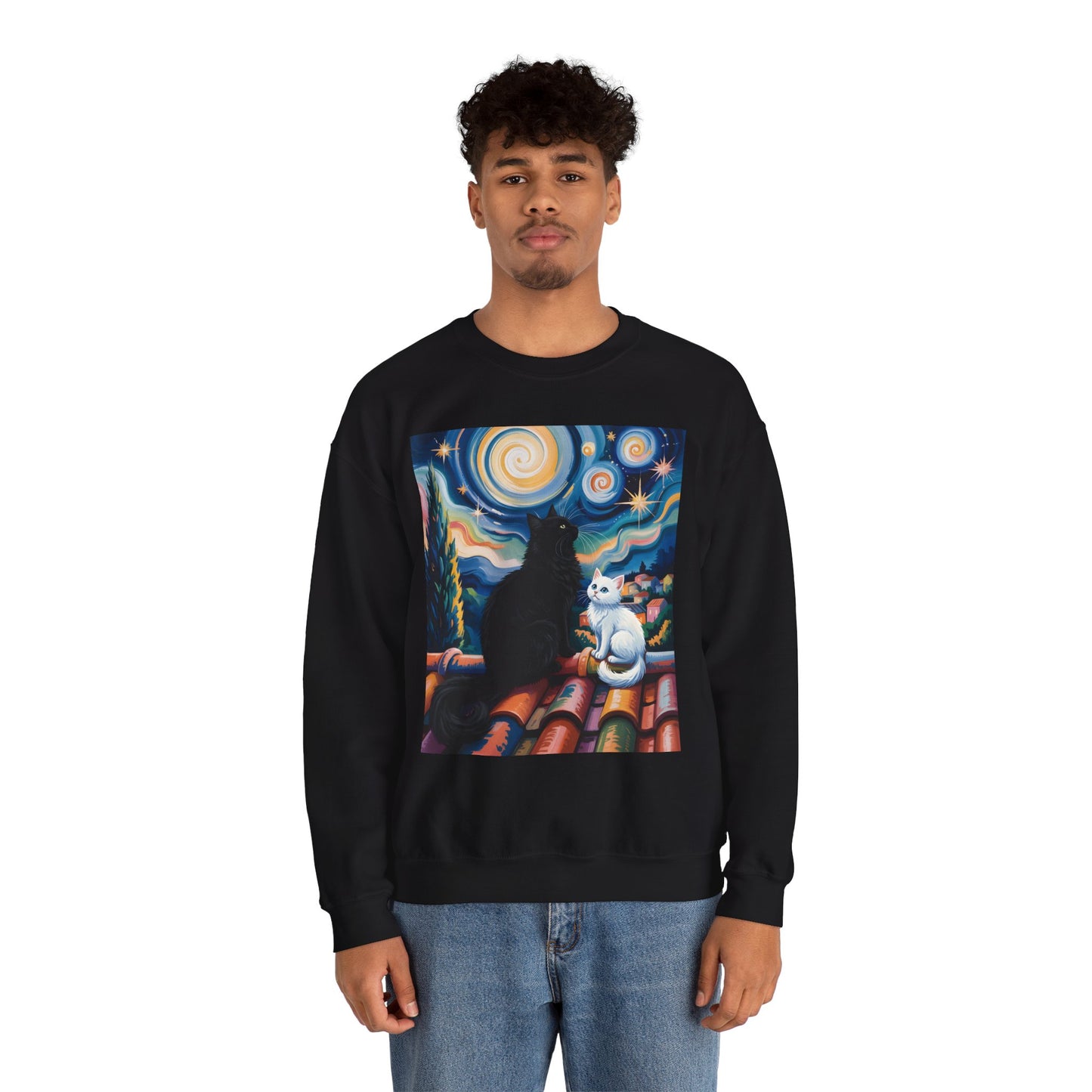Crewneck Sweatshirt – Starry Night Cats Art, Van Gogh Inspired | Cat Lovers Gift - 14757