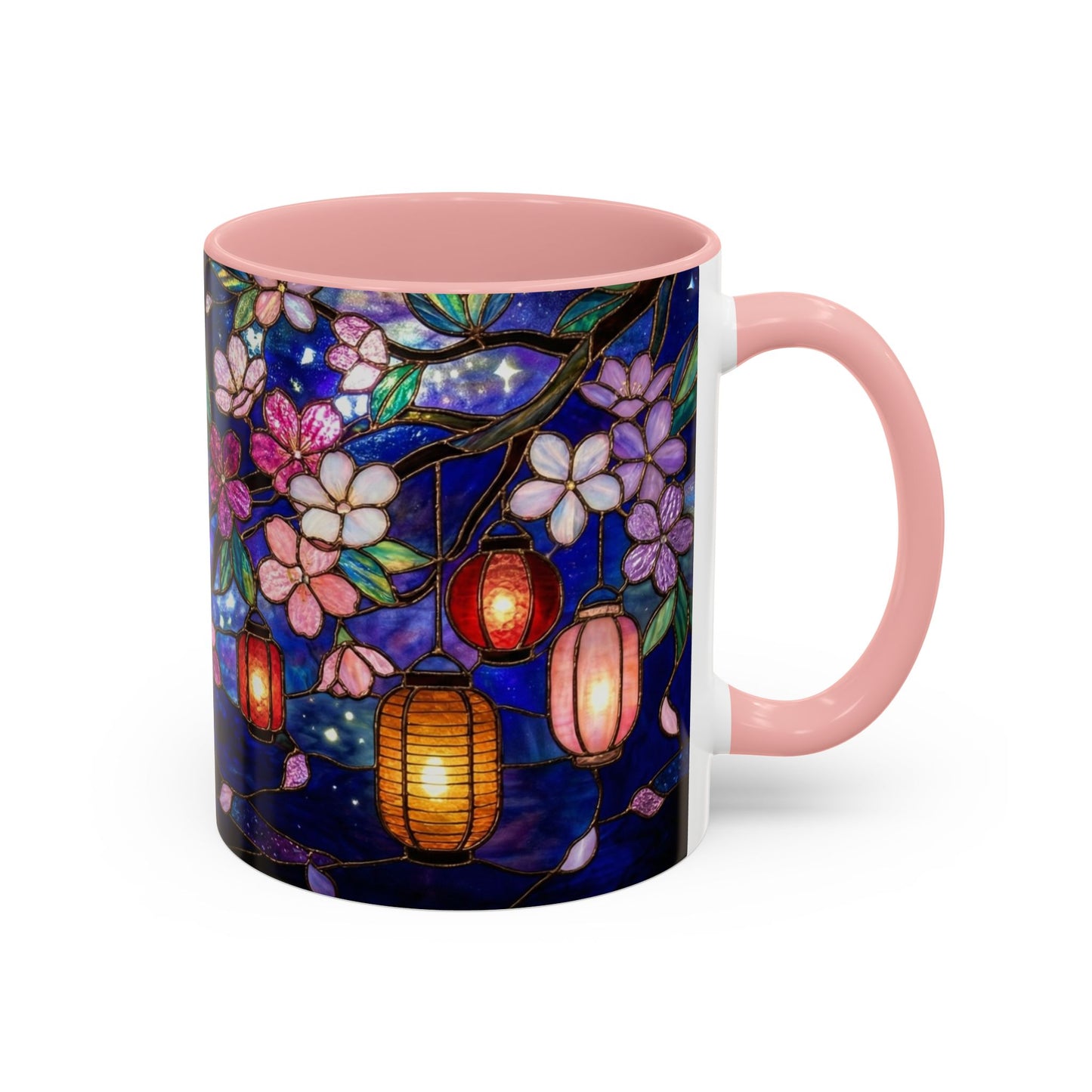 Cherry Blossom Lantern Coffee Mug — Floral Night Sky, Stained Glass Design (11/15 oz) - 14533