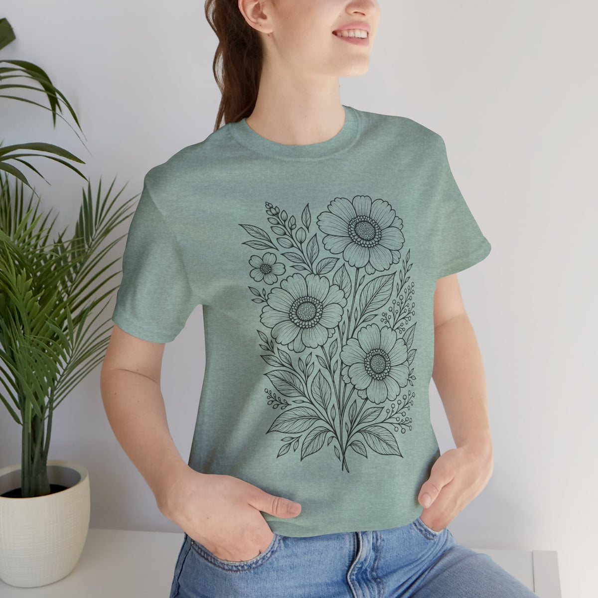 Vintage Floral Line Art T-Shirt, Botanical Wildflower Tee - 14561