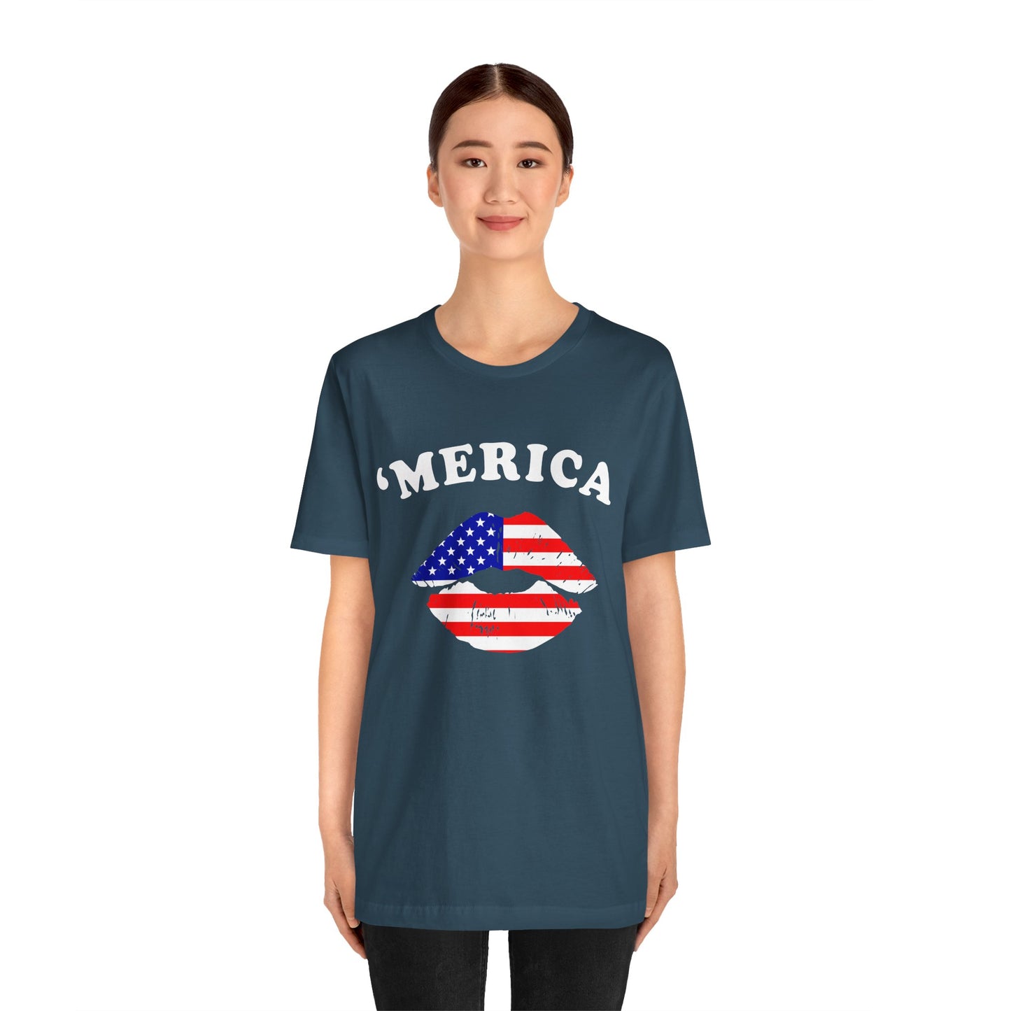 'Merica Unisex Jersey Tee, Patriotic Short Sleeve Shirt, USA Flag Design, Independence Day Apparel, Festival Wear, Summer Casual - 13519
