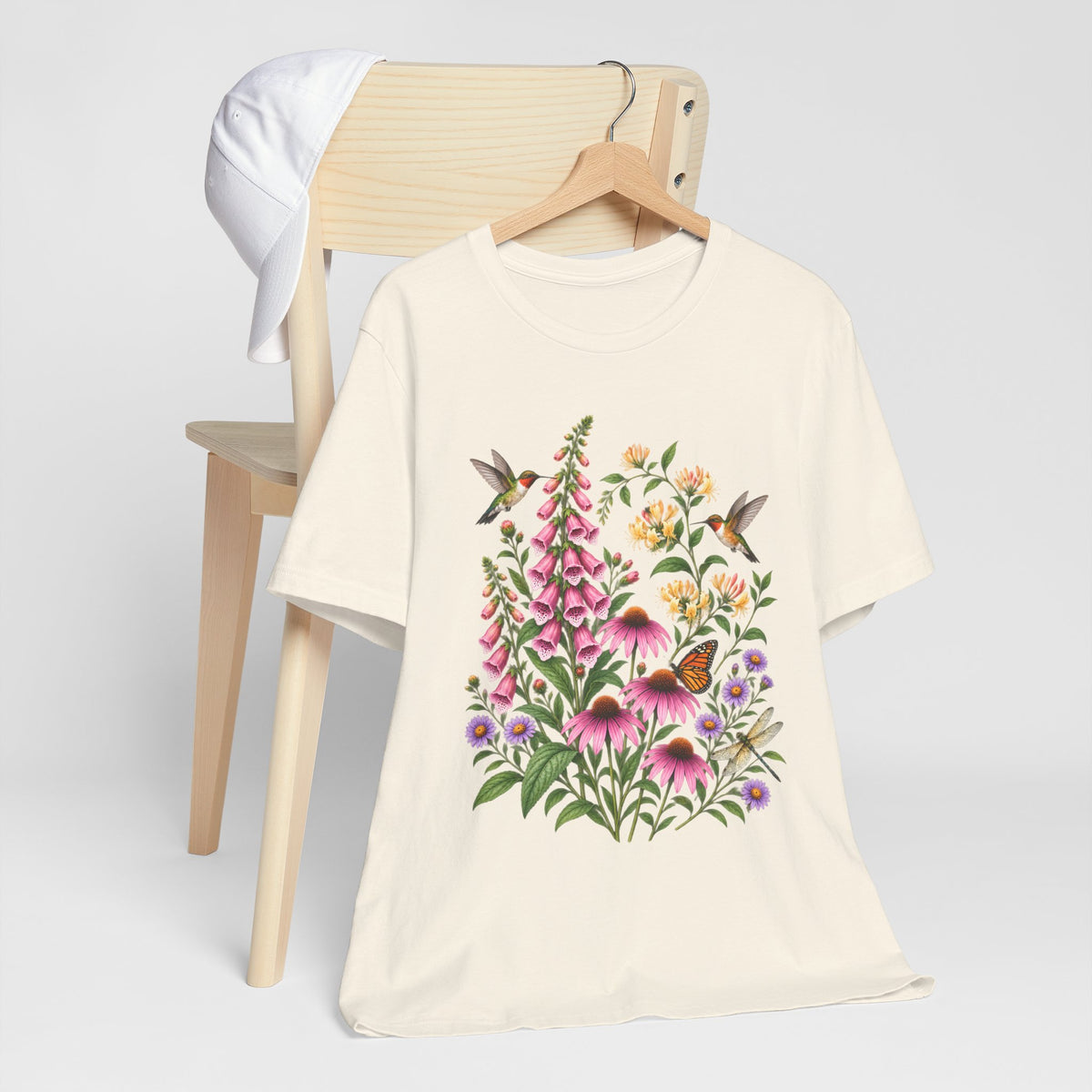 Floral Hummingbird Garden T-Shirt, Wildflower & Butterfly Botanical Tee - 14547