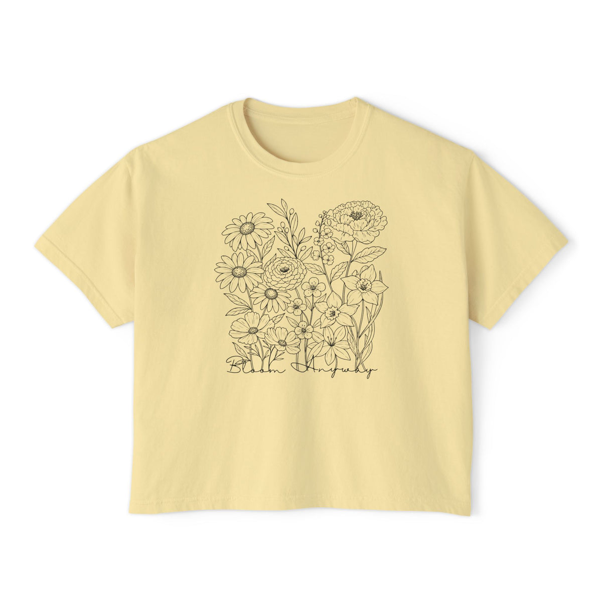 Floral Line Art Boxy T-Shirt, Women’s Botanical Sketch Tee - 14987