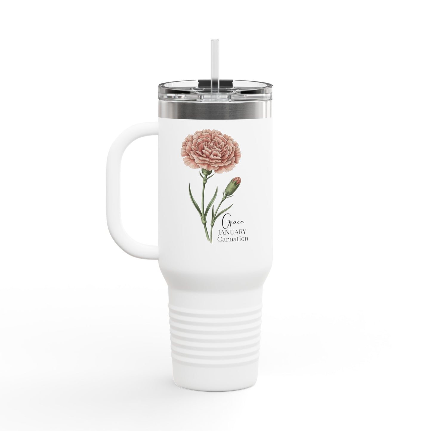 Carnation Floral Tumbler (Expressive) – January Birth Flower Gift | 40oz Insulated Travel Mug, Customizable — 14691
