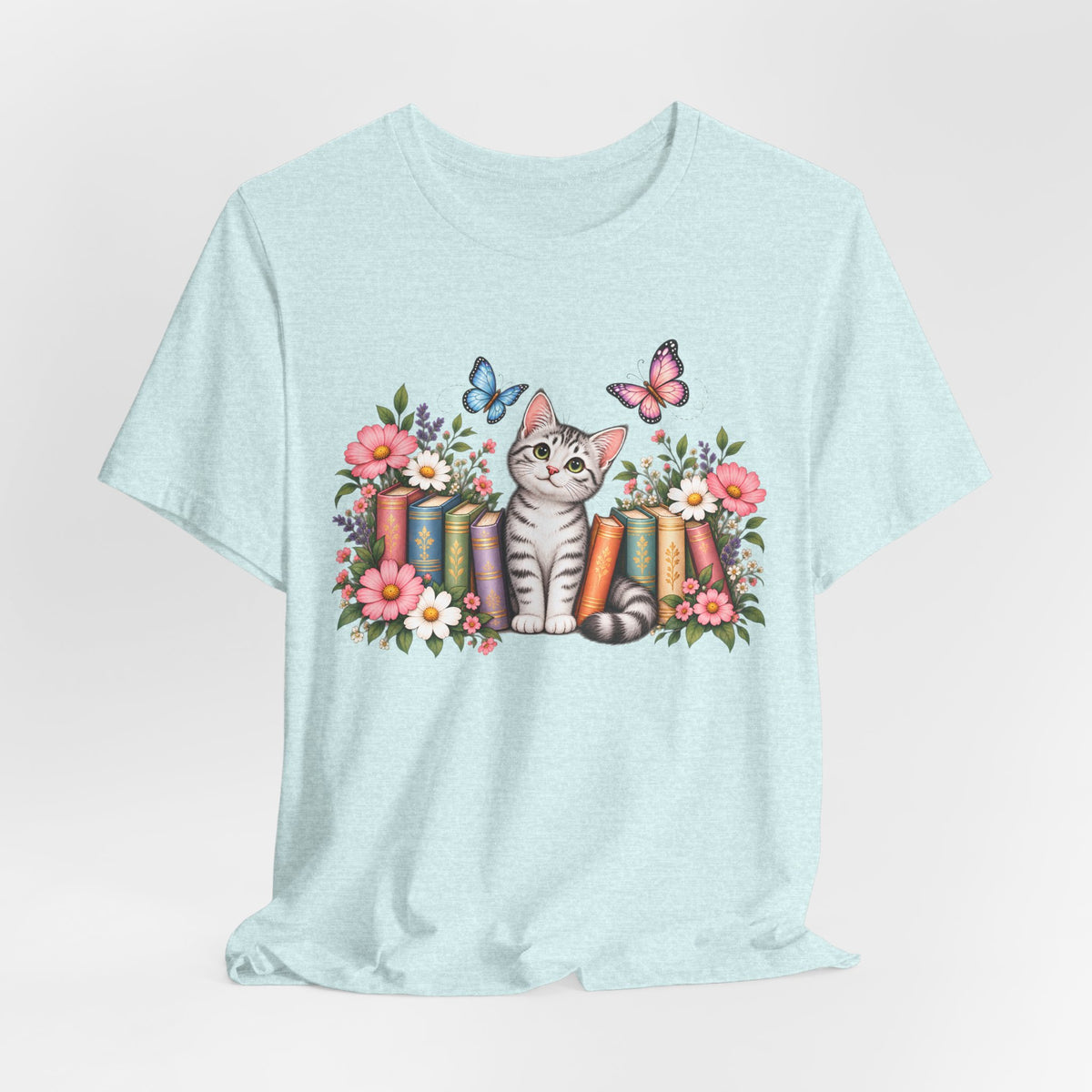 Cat & Books T-Shirt, Cute Floral Kitten & Butterfly Tee - 14526