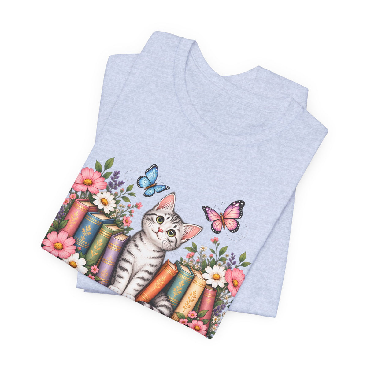 Cat & Books T-Shirt, Cute Floral Kitten & Butterfly Tee - 14526