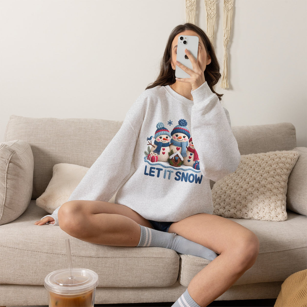 Let It Snow Sweatshirt, Cute Knitted Snowmen Christmas Crewneck - 14570