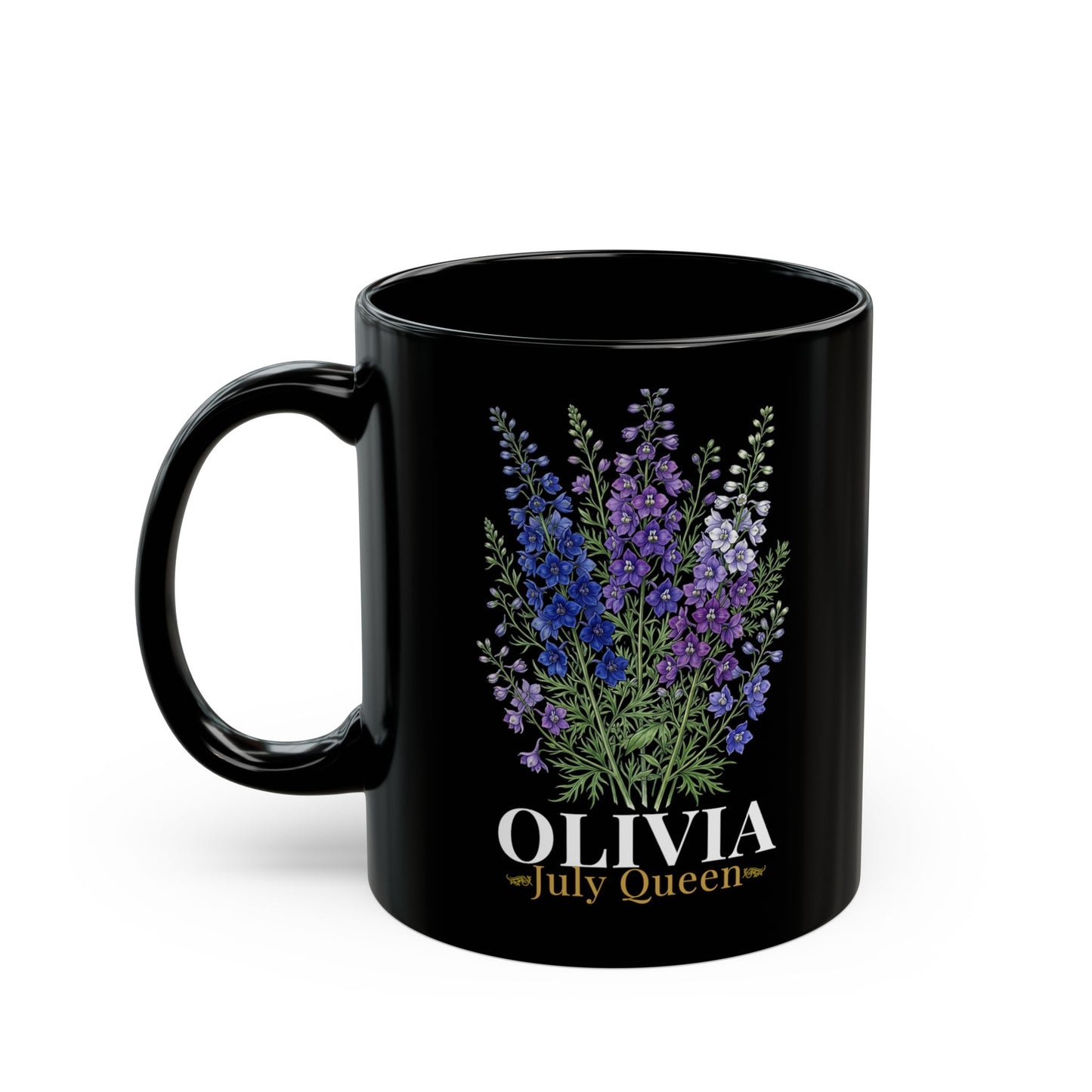 Personalized July Birth Flower Mug – Custom Name Larkspur Floral Coffee Cup, July Queen Gift for Her, Black Mug 11oz 15oz - 14905