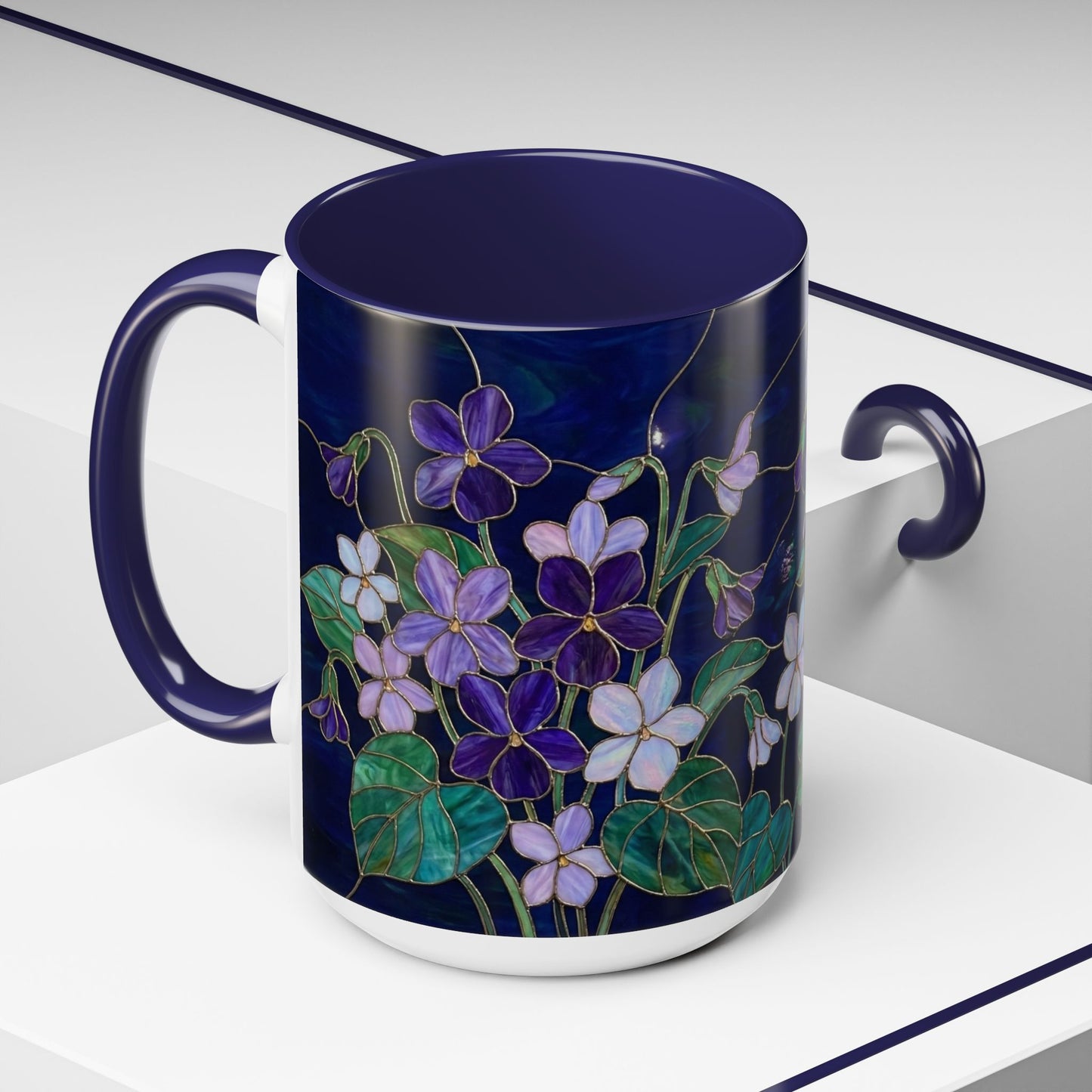 Violet Floral Accent Coffee Mug — Stained Glass Design (11/15oz) - 14588