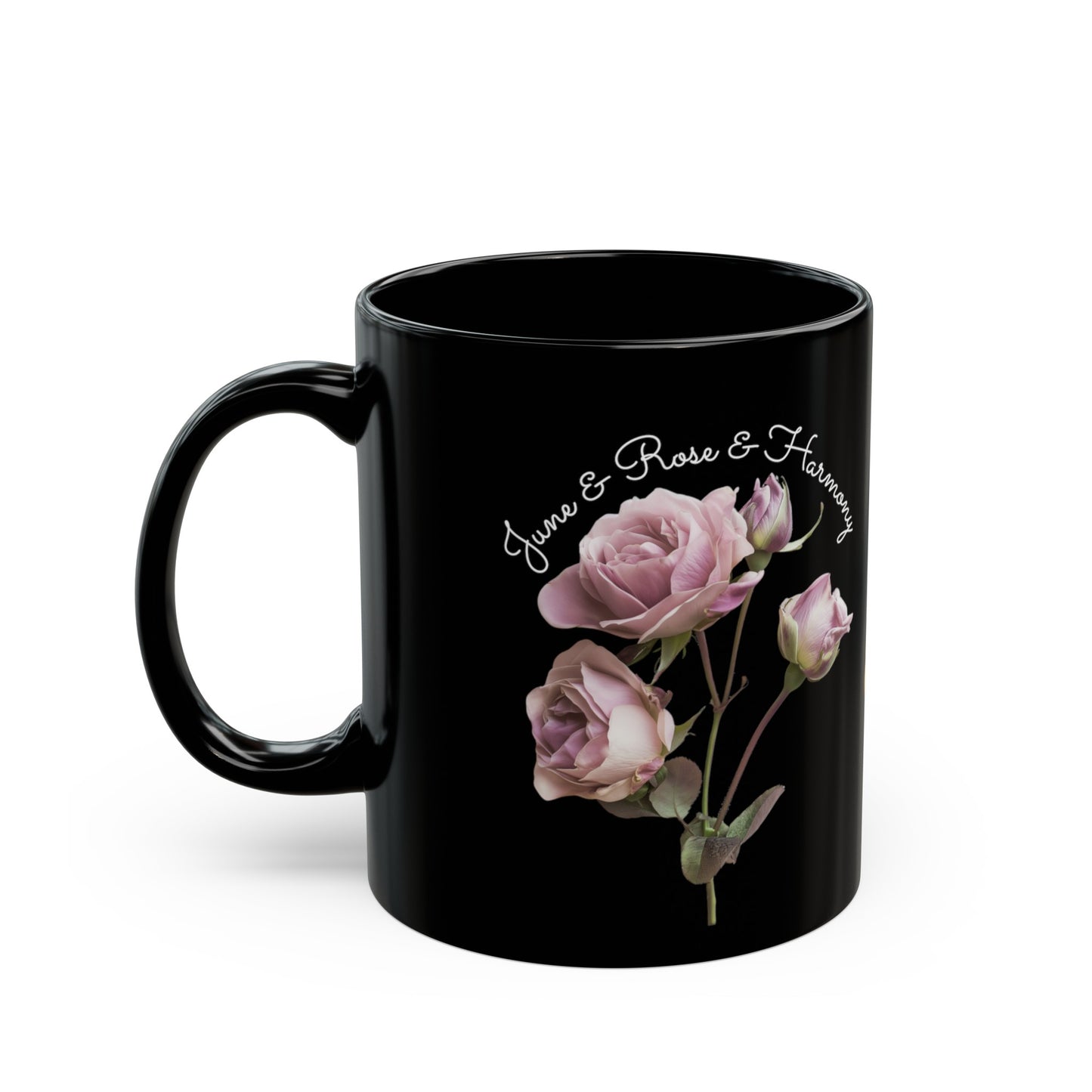 Happy Birthday, June, Rose, Customized Ceramic Black Mug (11oz, 15oz)