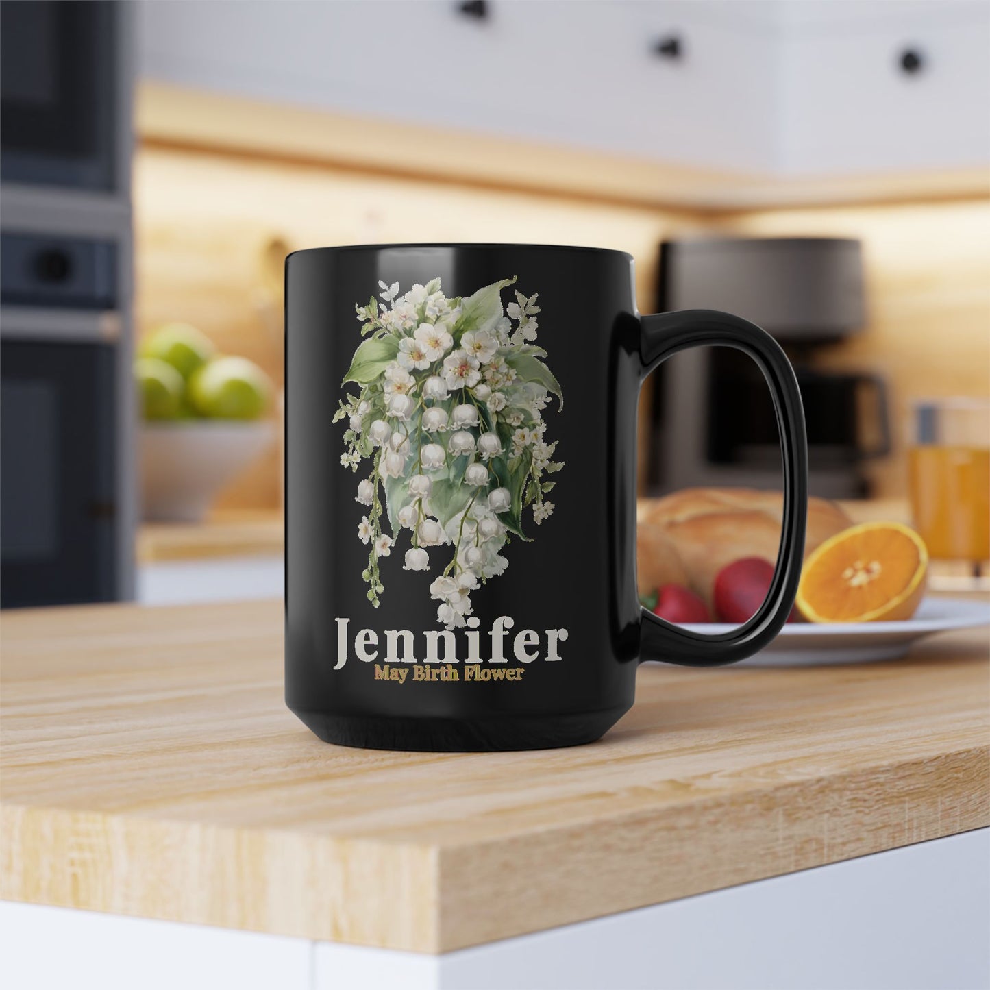 Custom Name May Birth Flower Mug – Lily of the Valley Personalized 15oz Black Mug Gift for Her - 14885