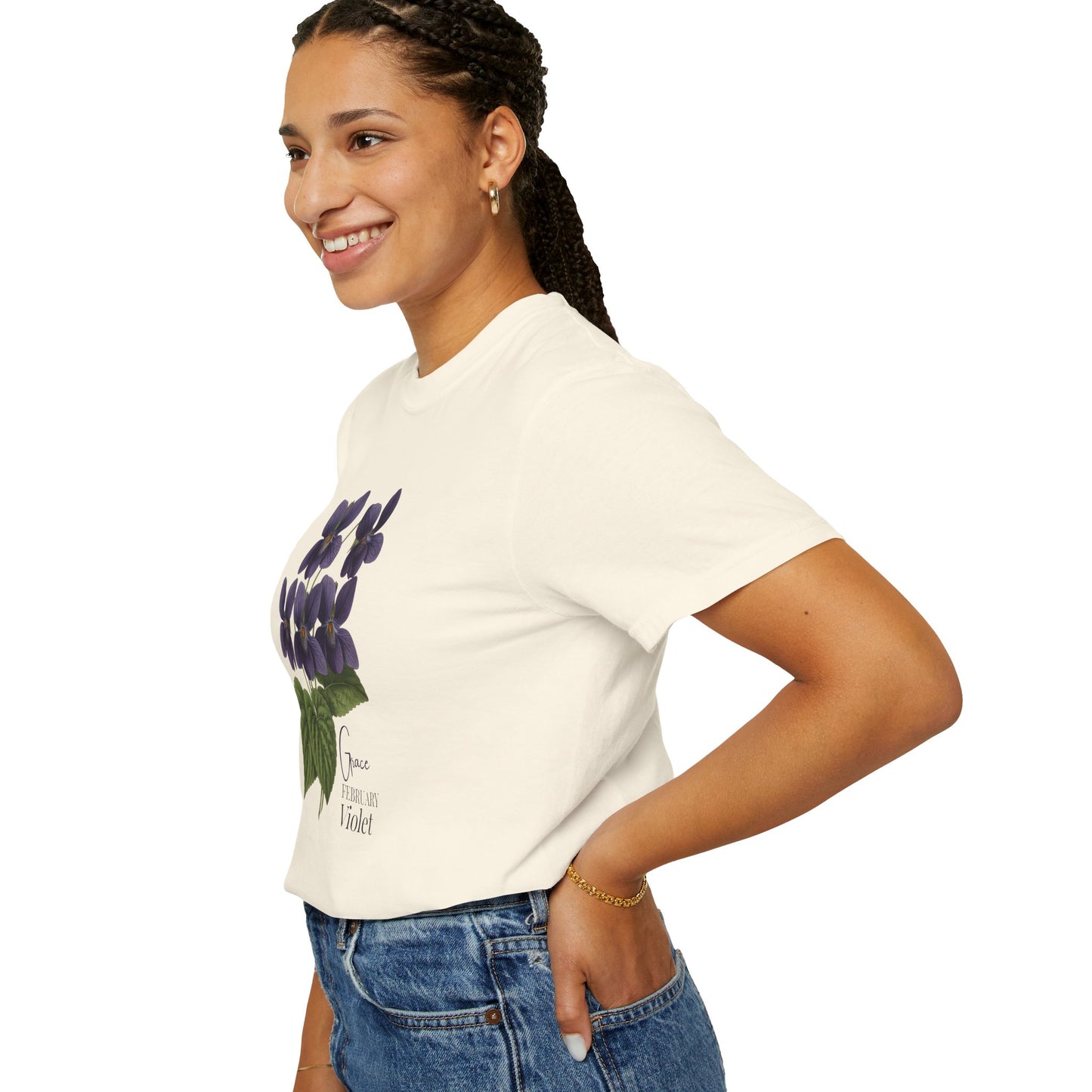 February Birth Flower Violet T-Shirt – Heavyweight Garment-Dyed Tee - 14694
