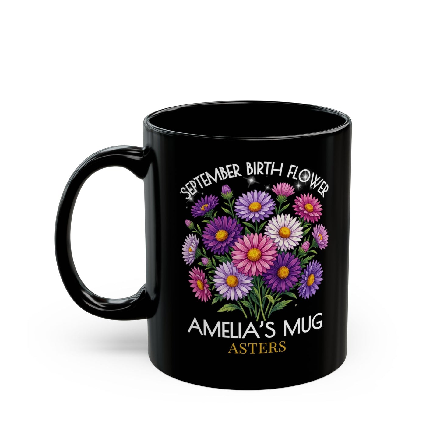 Personalized September Birth Flower Mug — Custom Name Aster Black Coffee Cup (11oz/15oz) - 14918