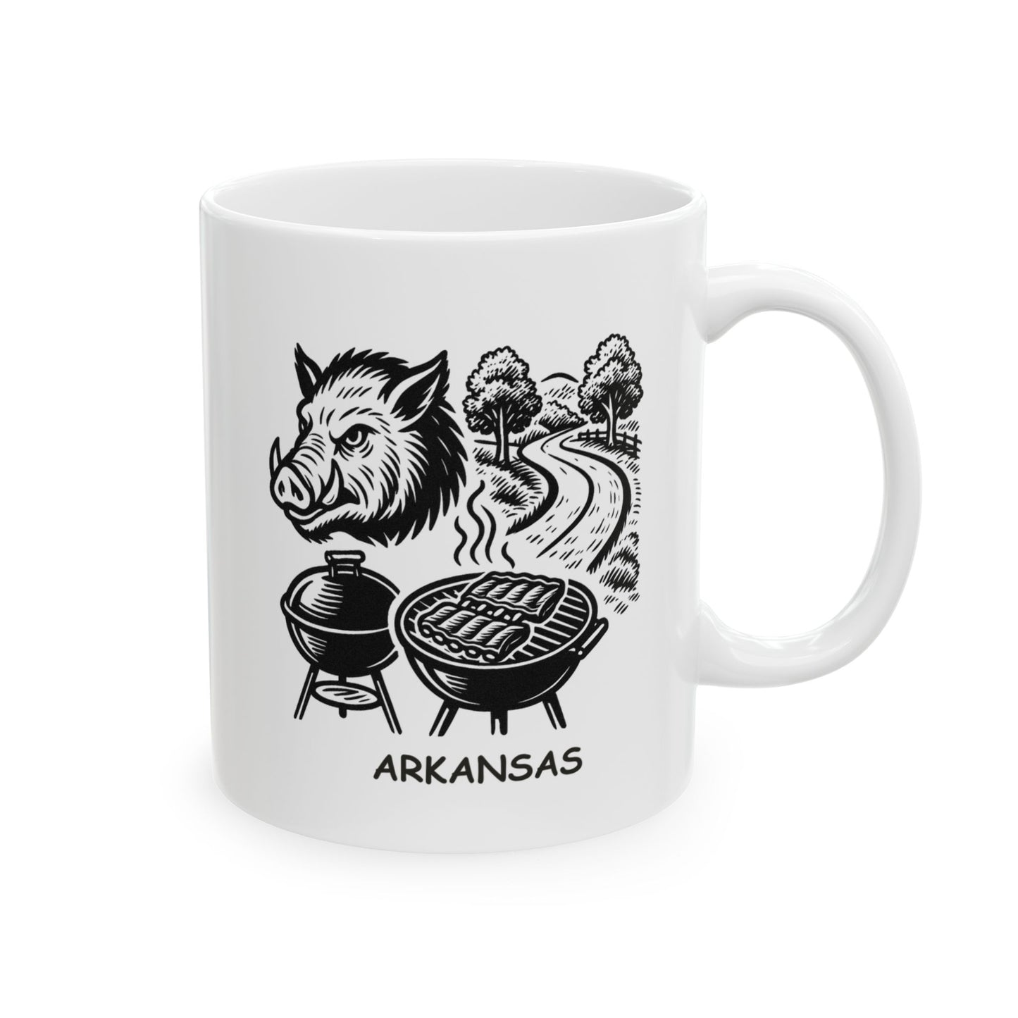 "Arkansas: Home of the Razorbacks, BBQ, and beautiful backroads." Ceramic Mug - 13321