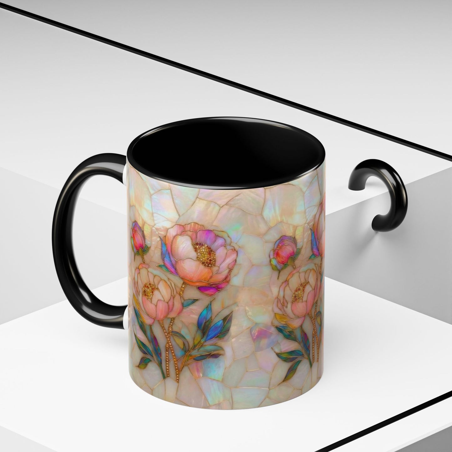 Peony Stained Glass Accent Coffee Mug – Floral Art 11/15oz - 14519