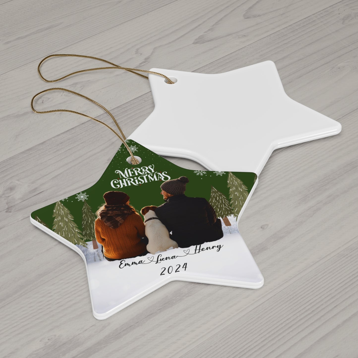 Couple With A Dog, Customizable -  Ceramic Ornament, 4 Shapes - 10032