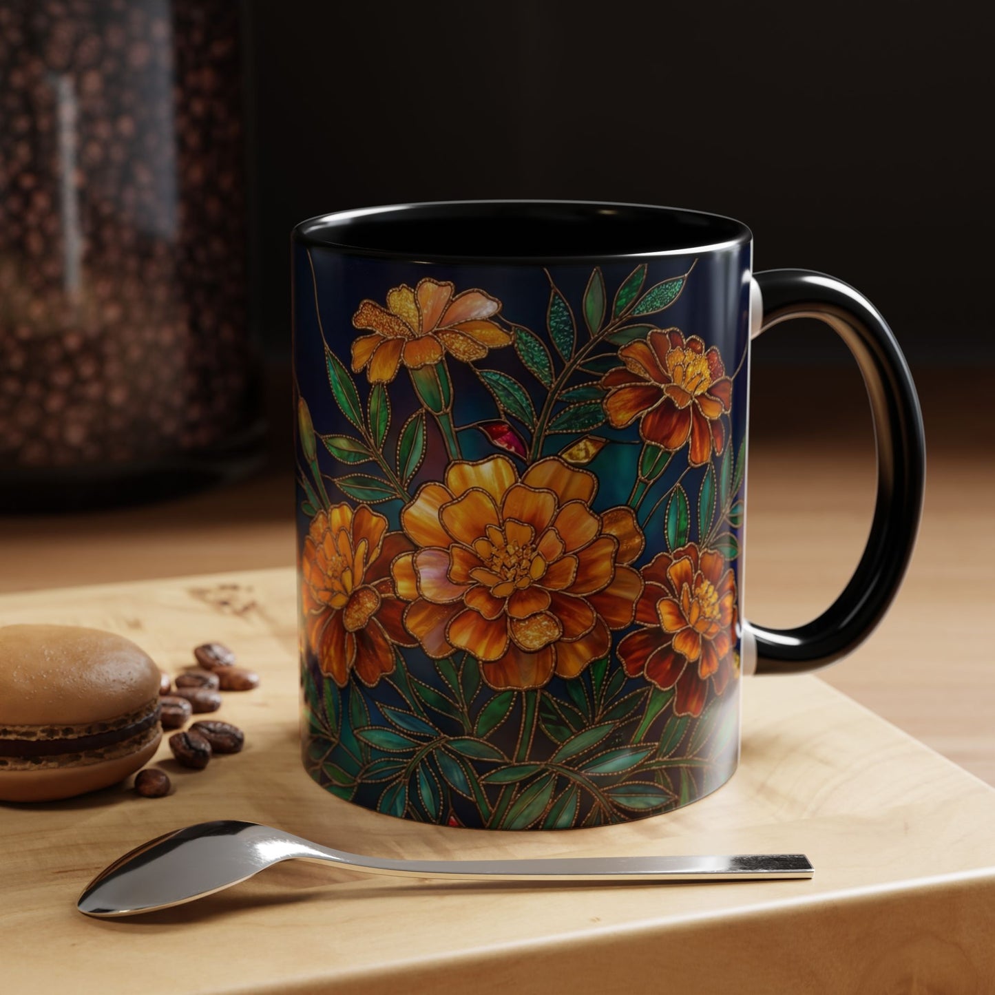 Marigold Floral Accent Coffee Mug — Dark Botanical 11/15oz - 14578