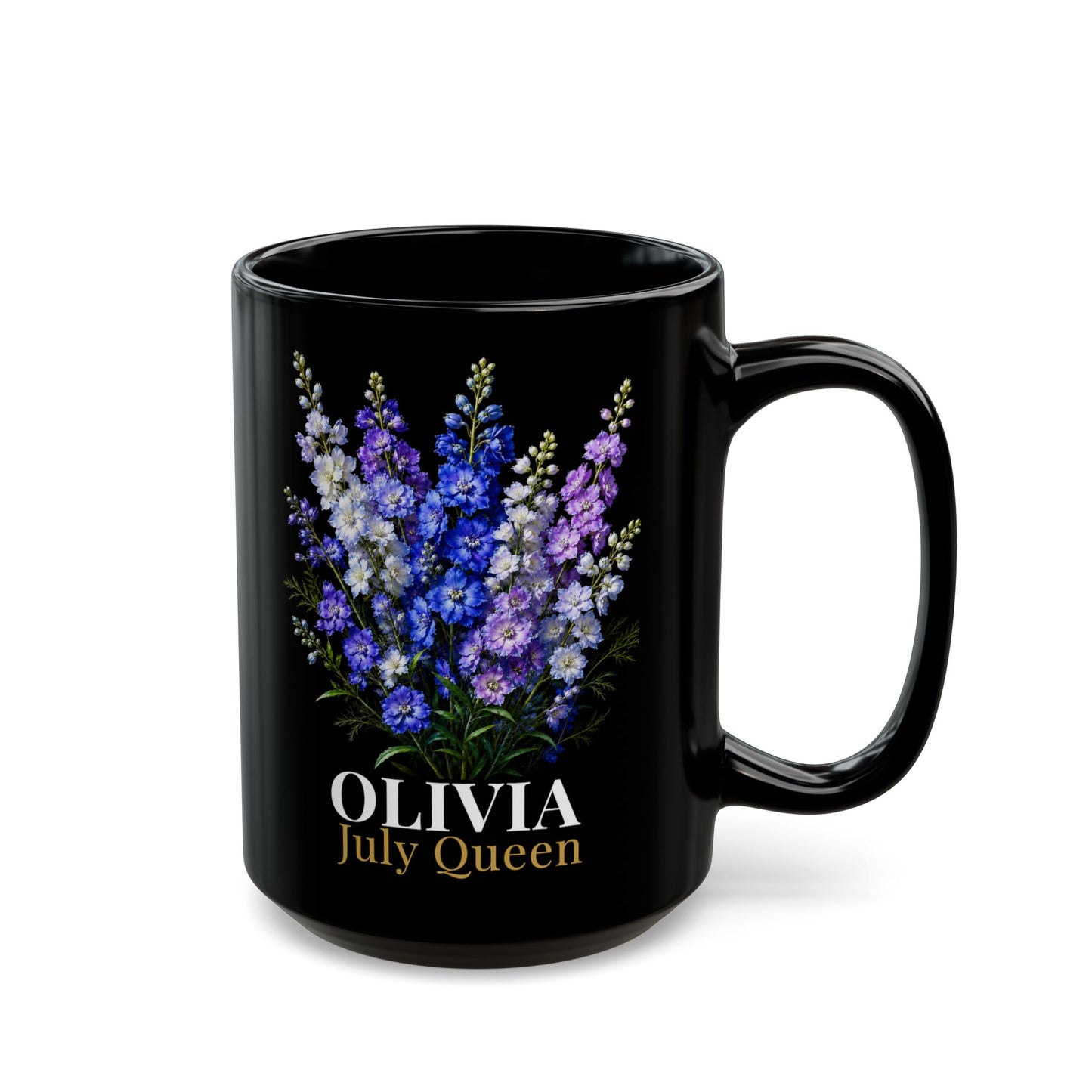 Personalized July Birth Flower Mug – Custom Name Larkspur Floral Coffee Cup, July Queen Gift for Her, Black Mug 11oz 15oz - 14907