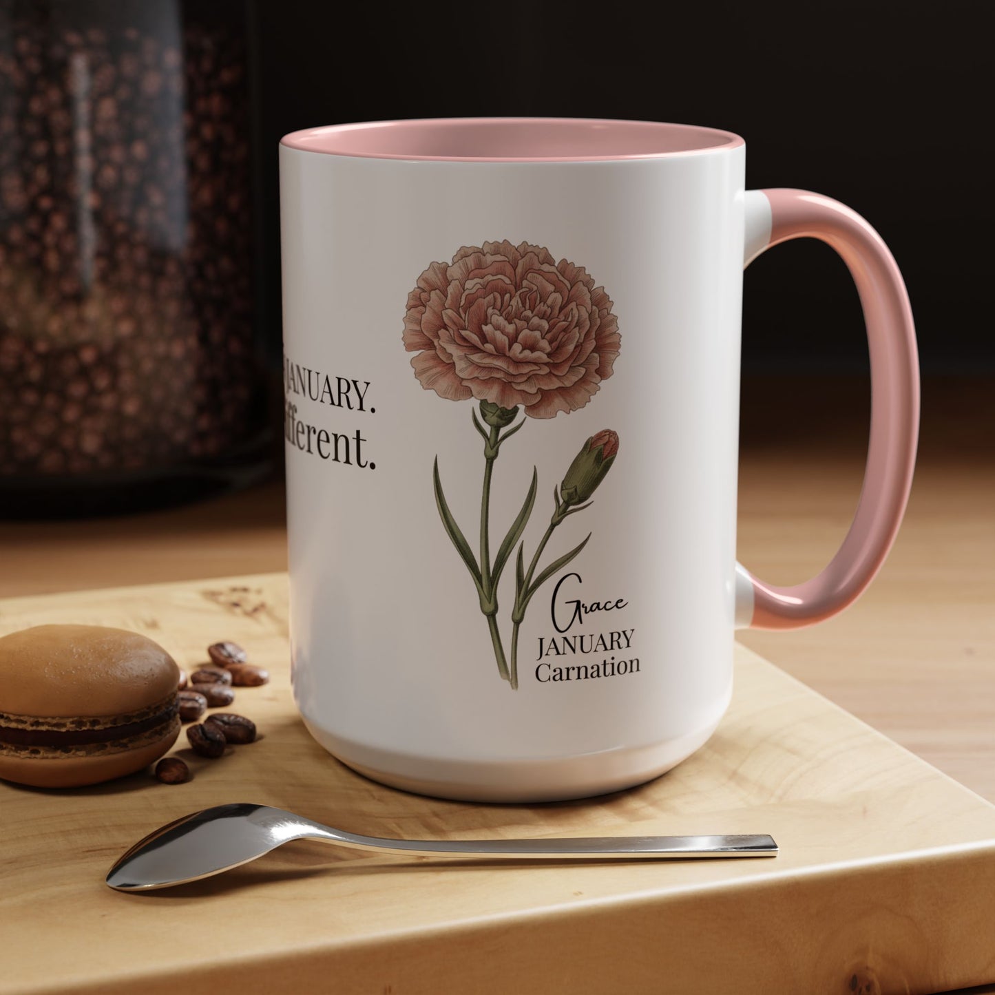 January Carnation Birth Flower Accent Coffee Mug – Customizable (11oz / 15oz) - 14671