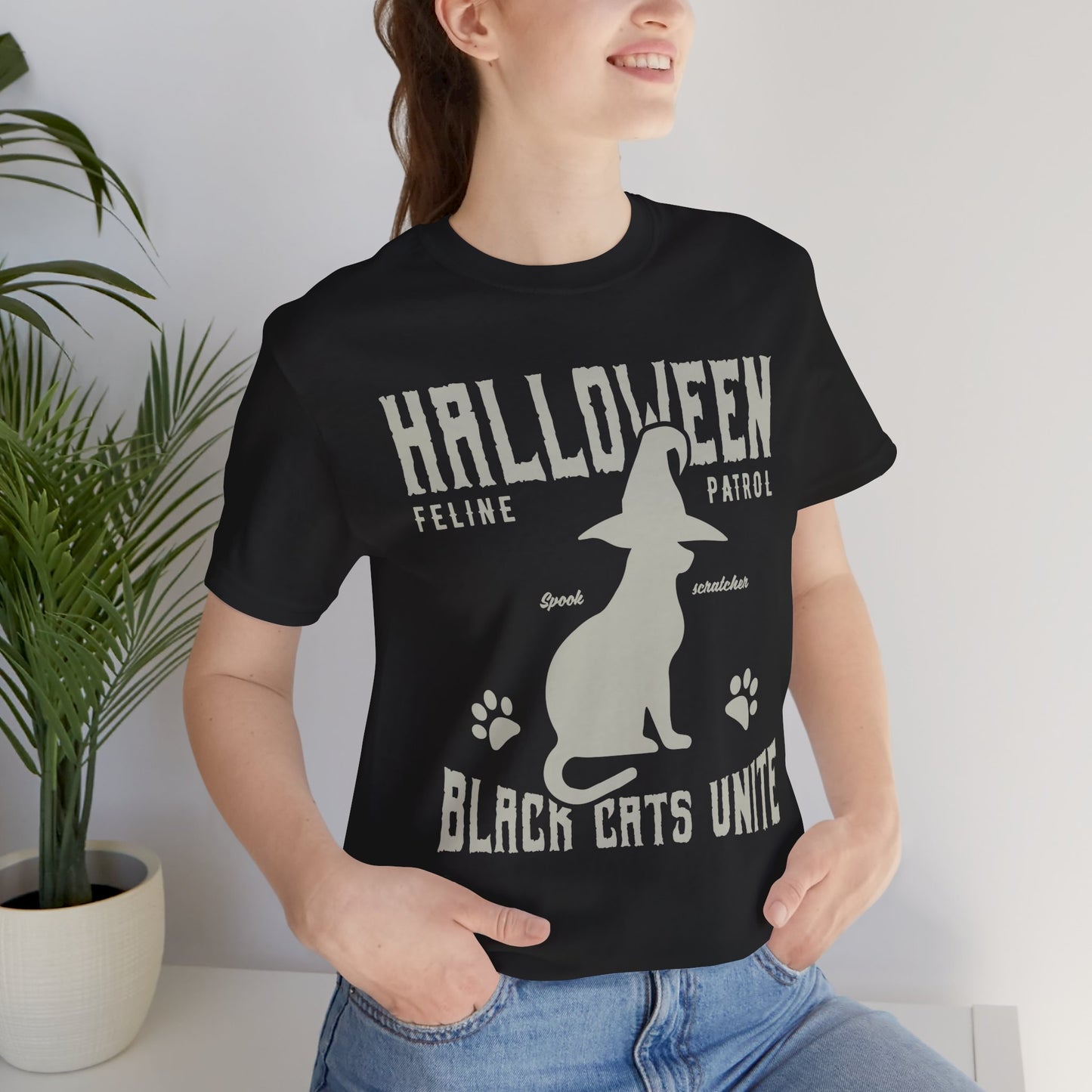 Halloween Feline Patrol, Spook Scratcher, Black Cats Unite  - Unisex Jersey Short Sleeve Tee - 12928
