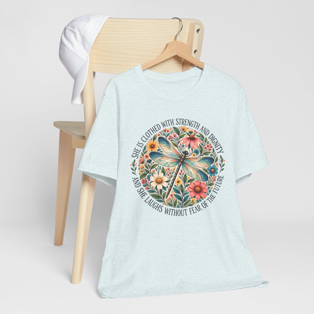 Dragonfly Floral T-Shirt, “She Is Clothed With Strength and Dignity” Inspirational Women’s Tee - 14993