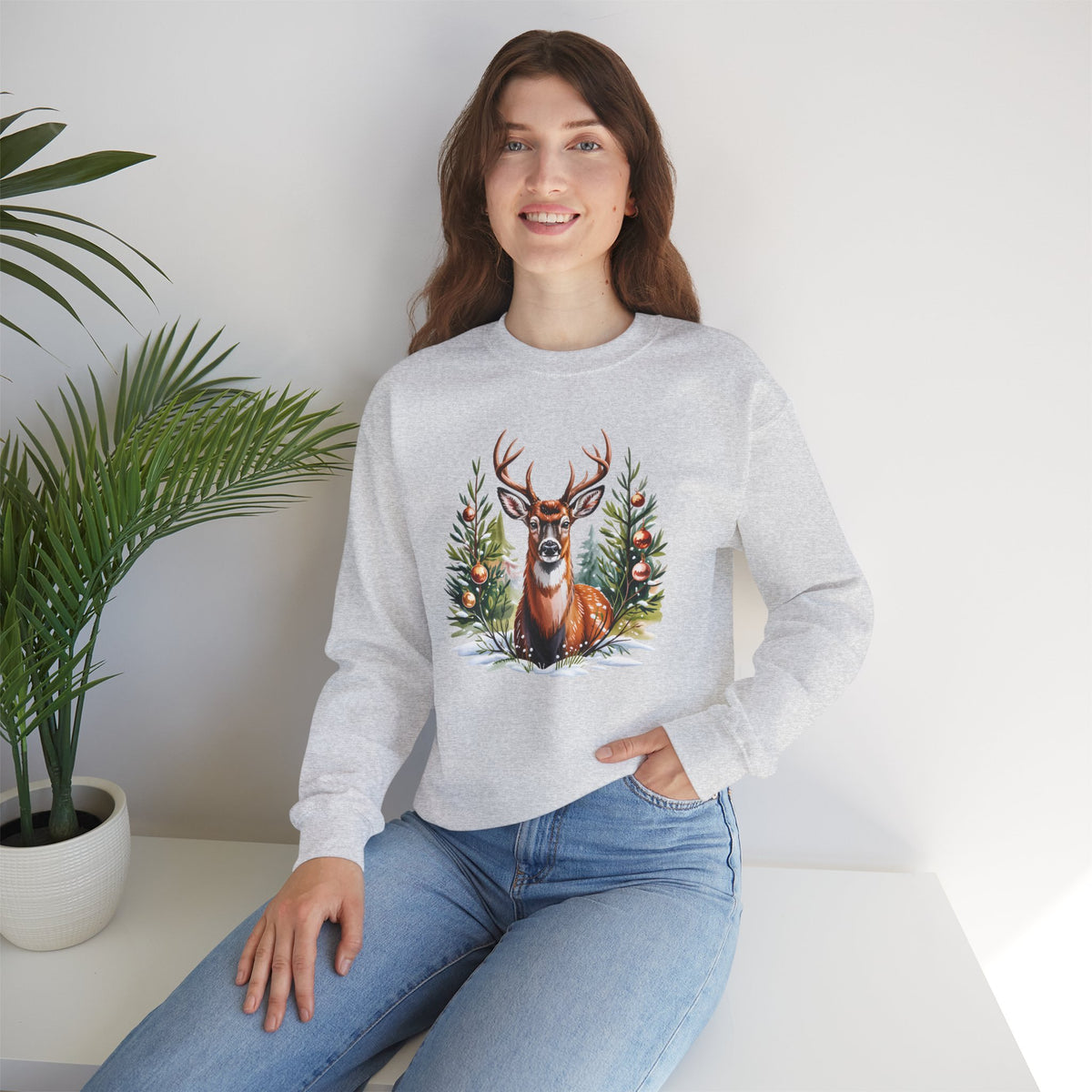 Christmas Deer Sweatshirt, Vintage Woodland Holiday Crewneck - 14562