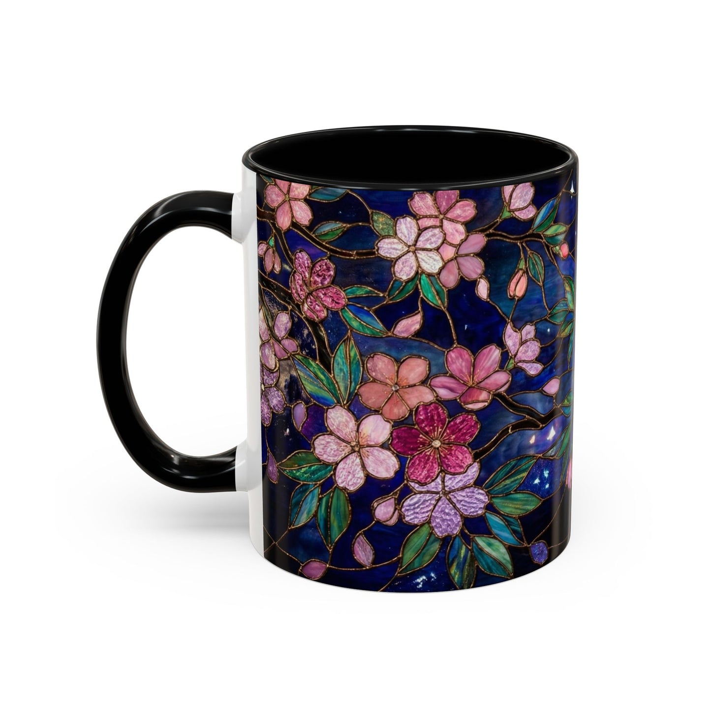 Cherry Blossom Lantern Coffee Mug — Floral Night Sky, Stained Glass Design (11/15 oz) - 14533
