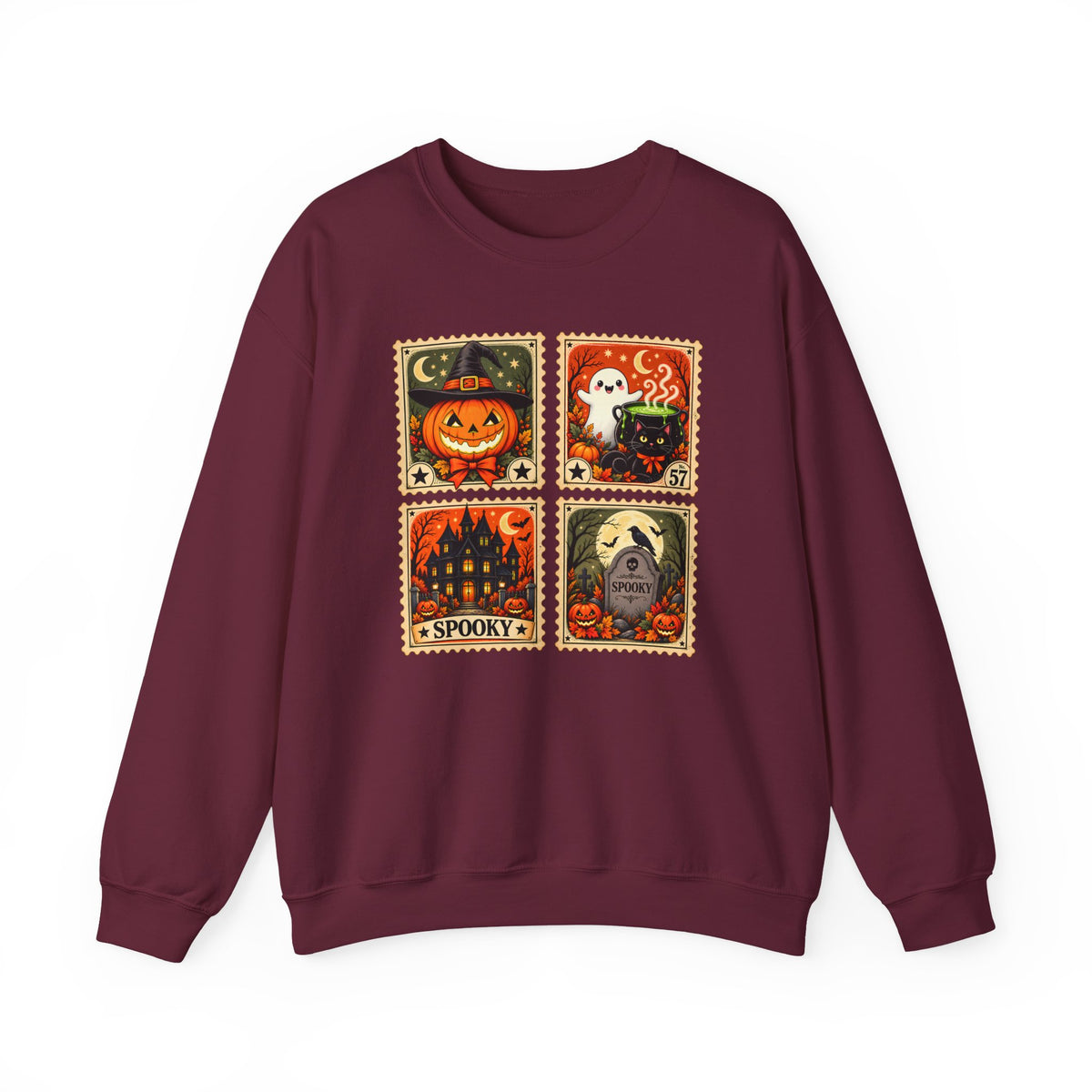 Vintage Halloween Stamp Sweatshirt, Spooky Pumpkin & Ghost Crewneck - 14510