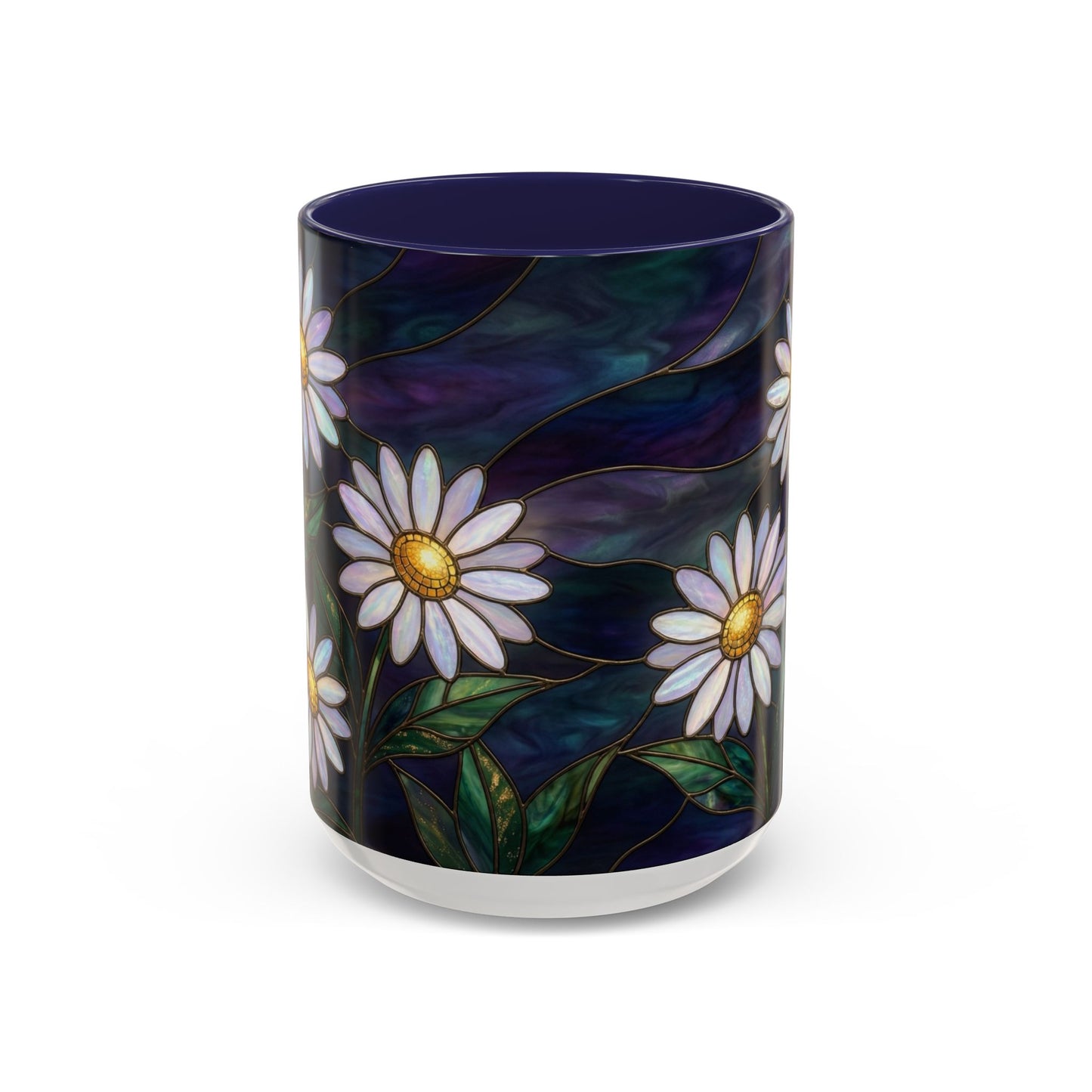 Daisy Stained Glass Accent Coffee Mug — White Daisies on Midnight (11/15oz) - 14535