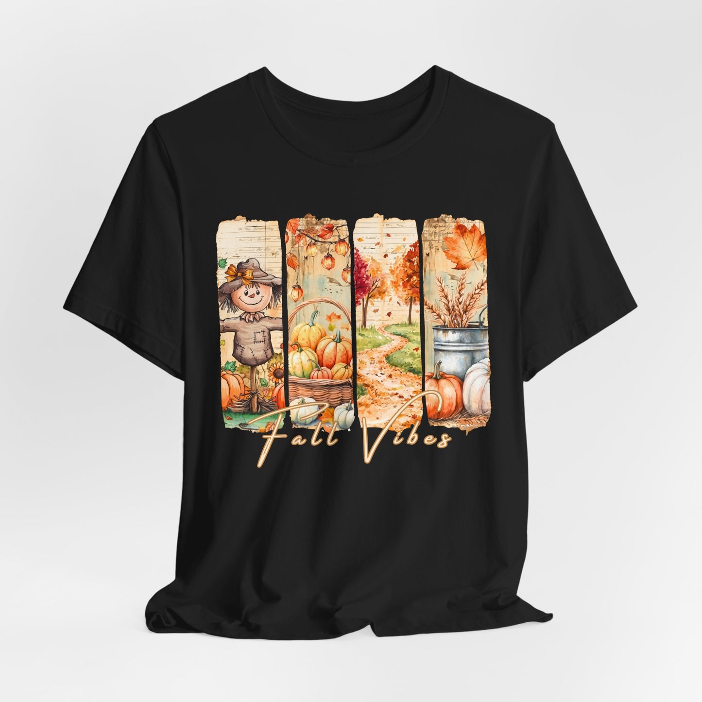 Fall Vibes T-Shirt, Autumn Pumpkin, Scarecrow & Harvest Graphic Tee - 14948