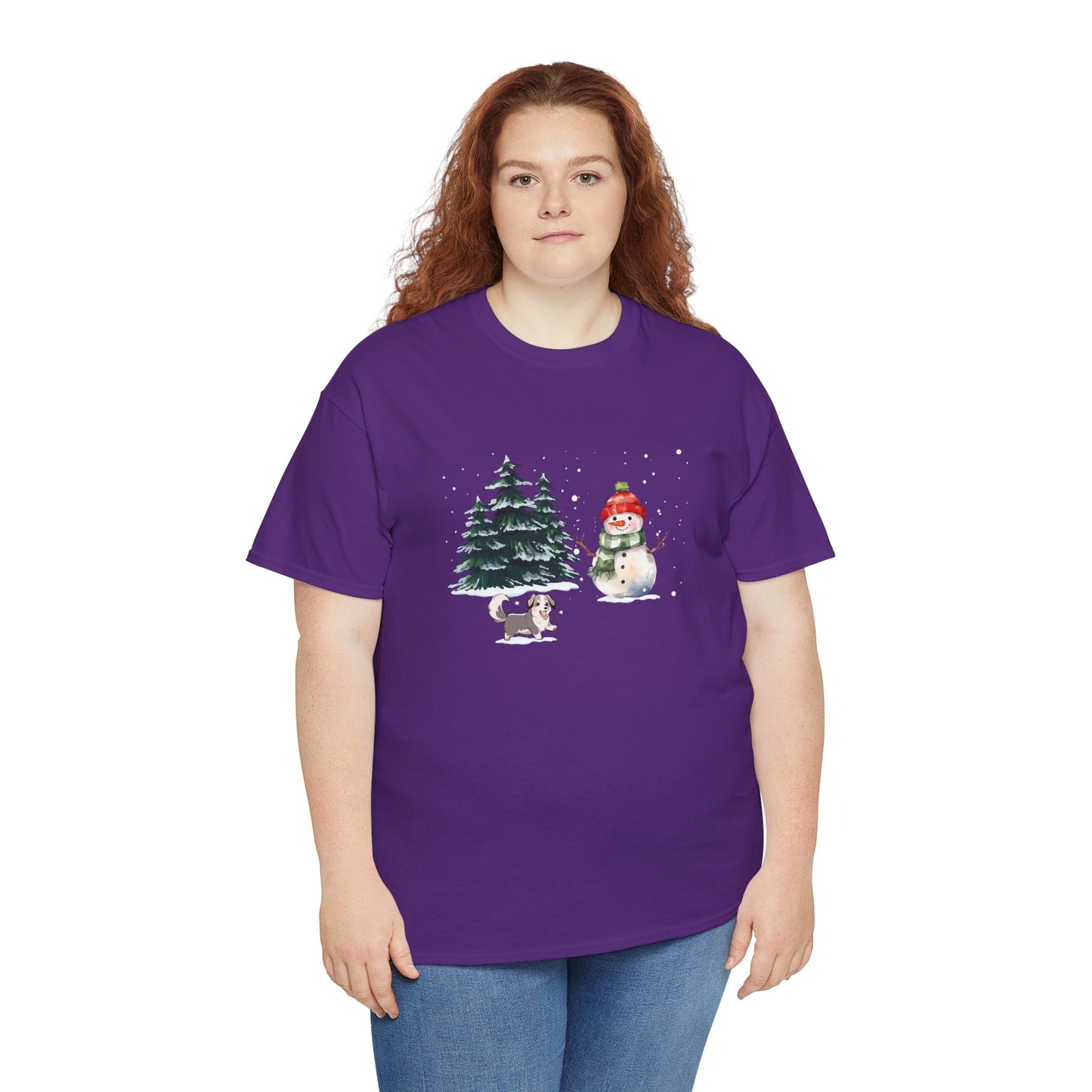 Winter Trees, Snowman & Puppy - Unisex Heavy Cotton Tee - 10278