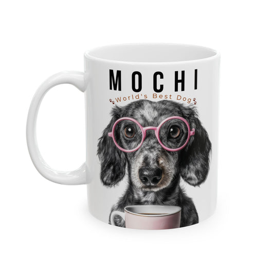 Personalized Dog Name Mug – Cute Black Dog with Pink Glasses Custom Pet Coffee Cup Gift (11oz, 15oz) - 14837
