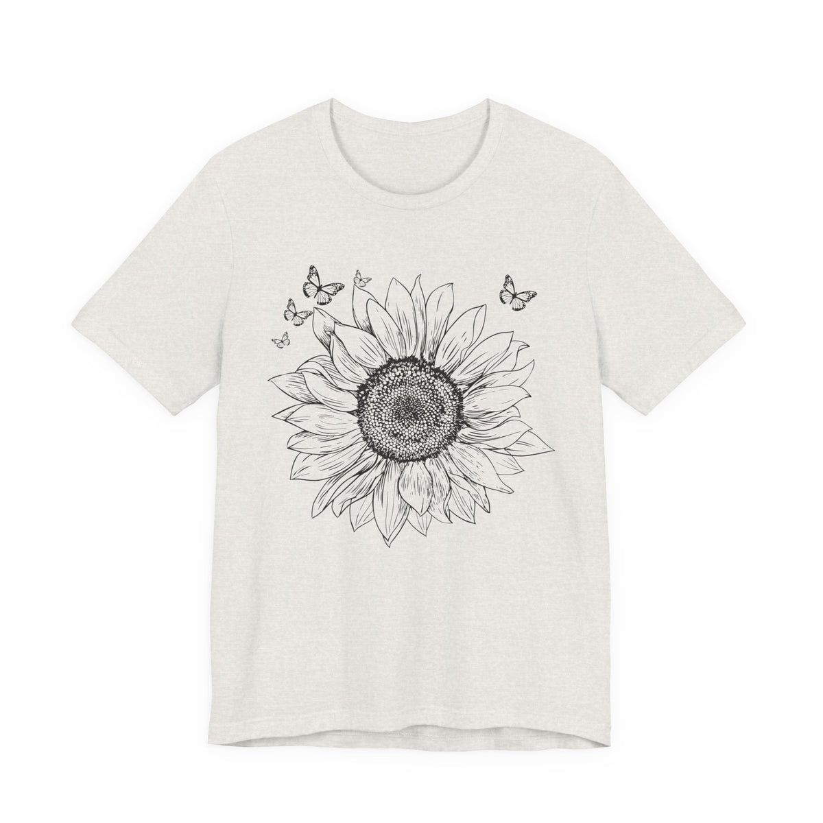 Sunflower Sketch T-Shirt, Vintage Botanical Sunflower & Butterfly Graphic Tee - 14982